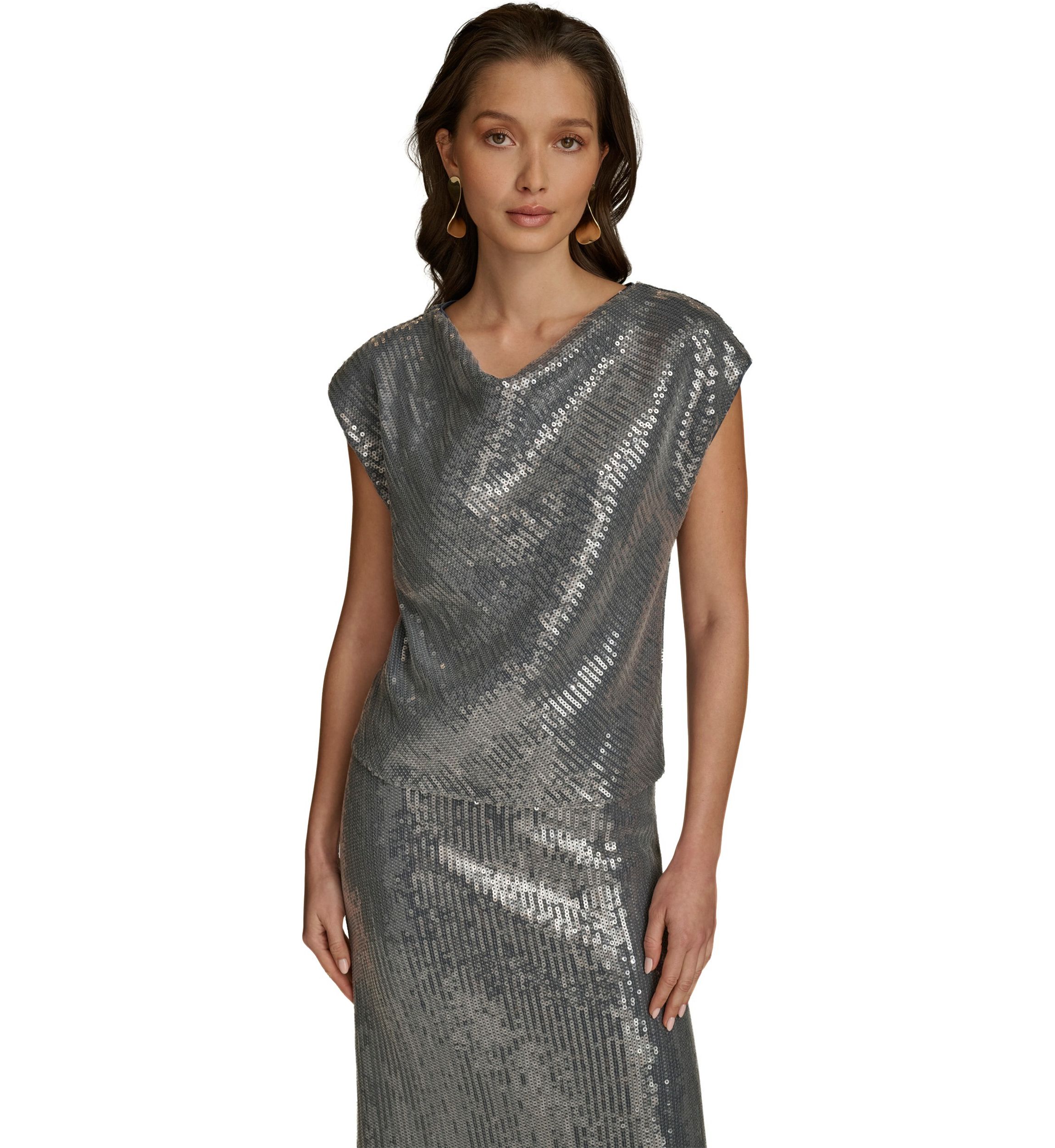Womens Cap Sleeve Cowl Neck Sequin Mesh Dress