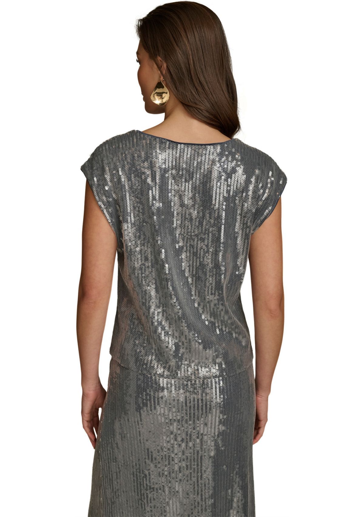 Womens Cap Sleeve Cowl Neck Sequin Mesh Dress