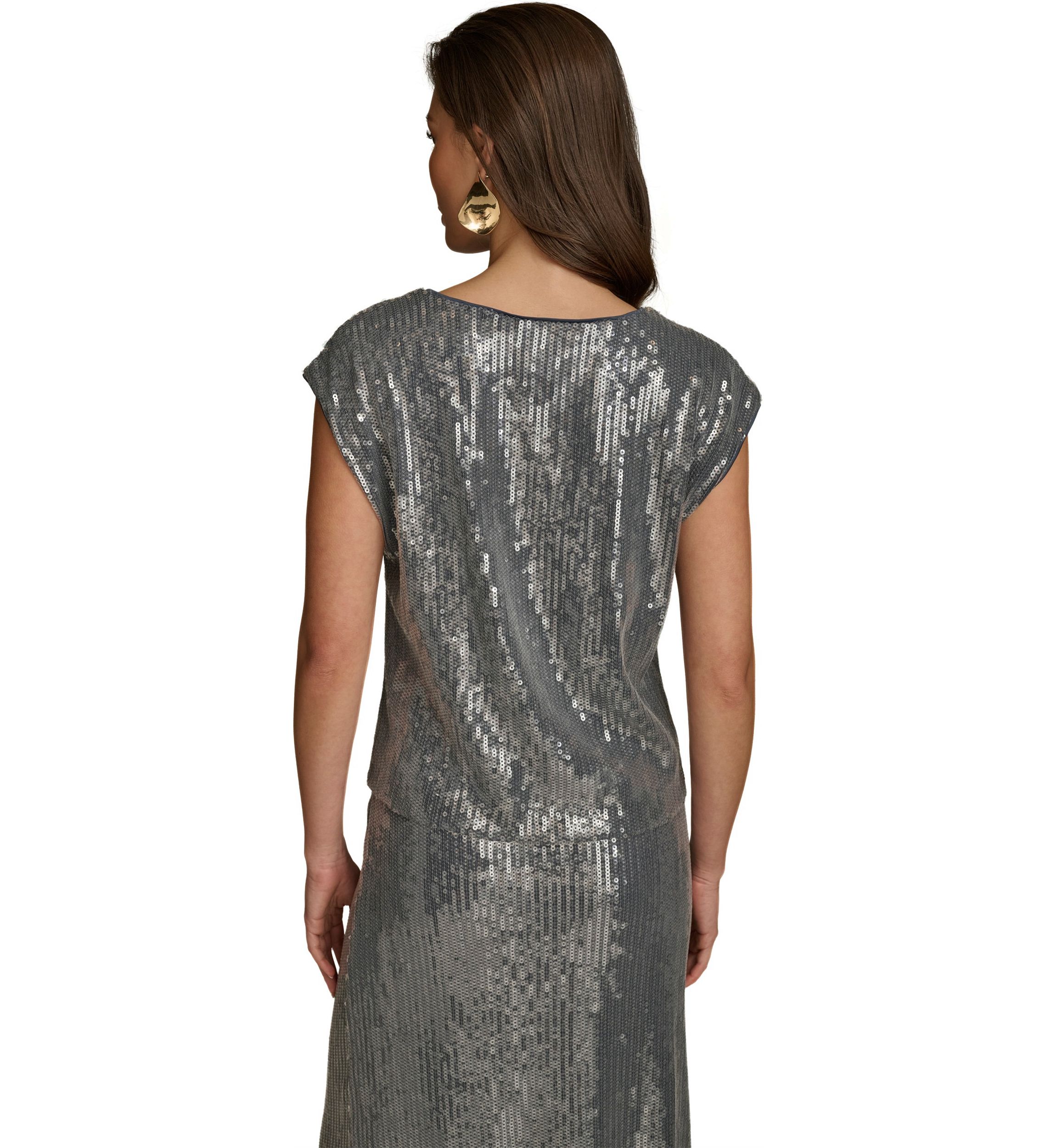 Womens Cap Sleeve Cowl Neck Sequin Mesh Dress