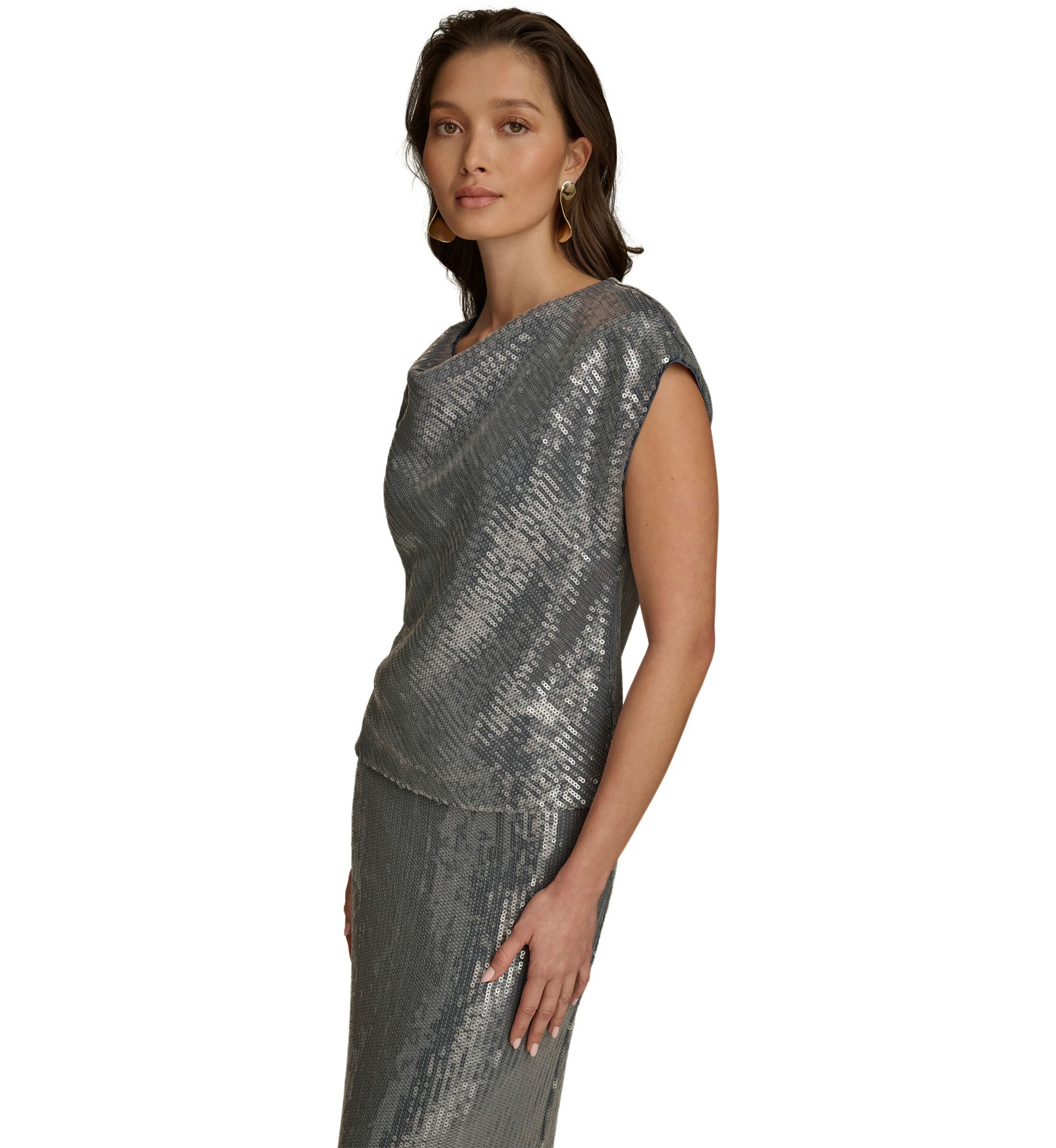 Womens Cap Sleeve Cowl Neck Sequin Mesh Dress