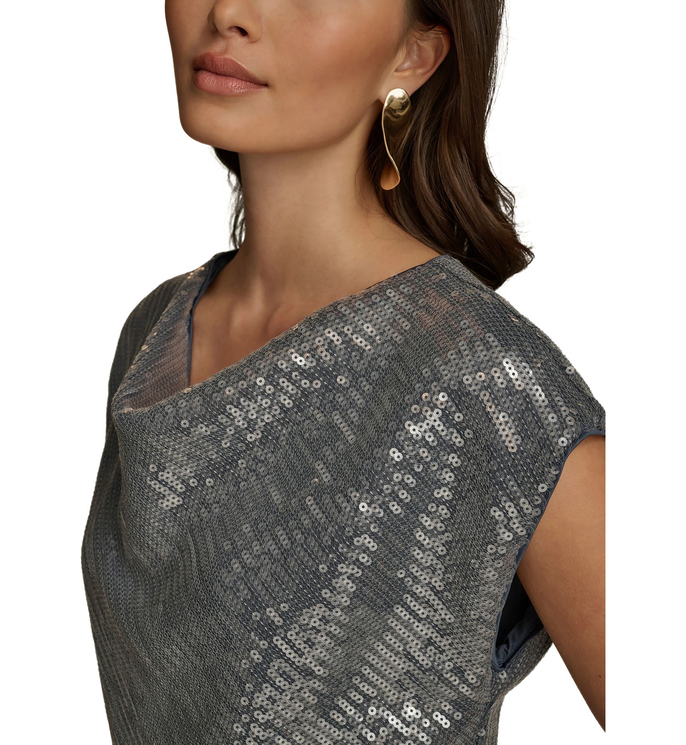 Womens Cap Sleeve Cowl Neck Sequin Mesh Dress