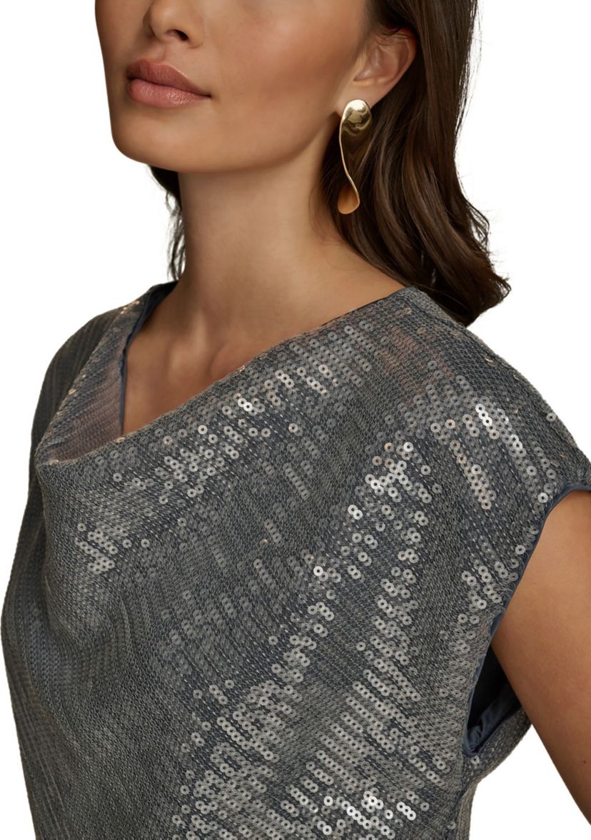 Womens Cap Sleeve Cowl Neck Sequin Mesh Dress
