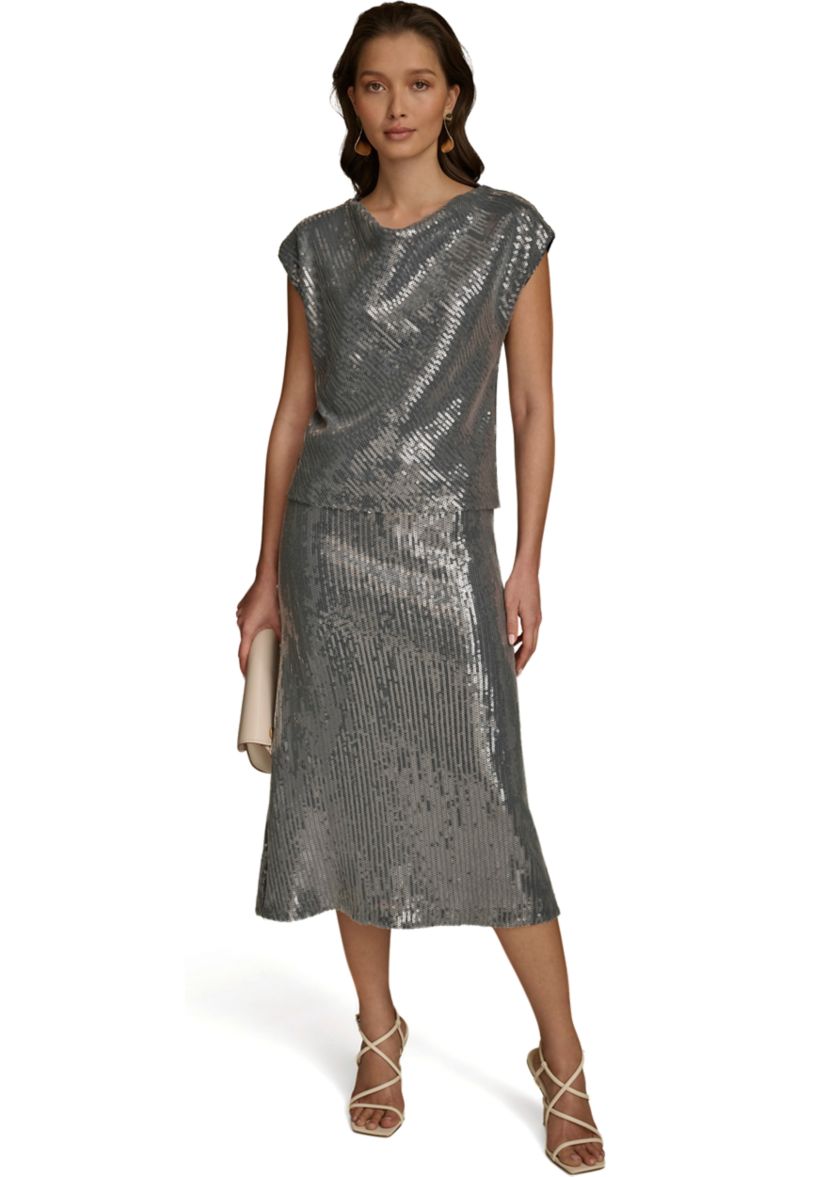 Womens Cap Sleeve Cowl Neck Sequin Mesh Dress