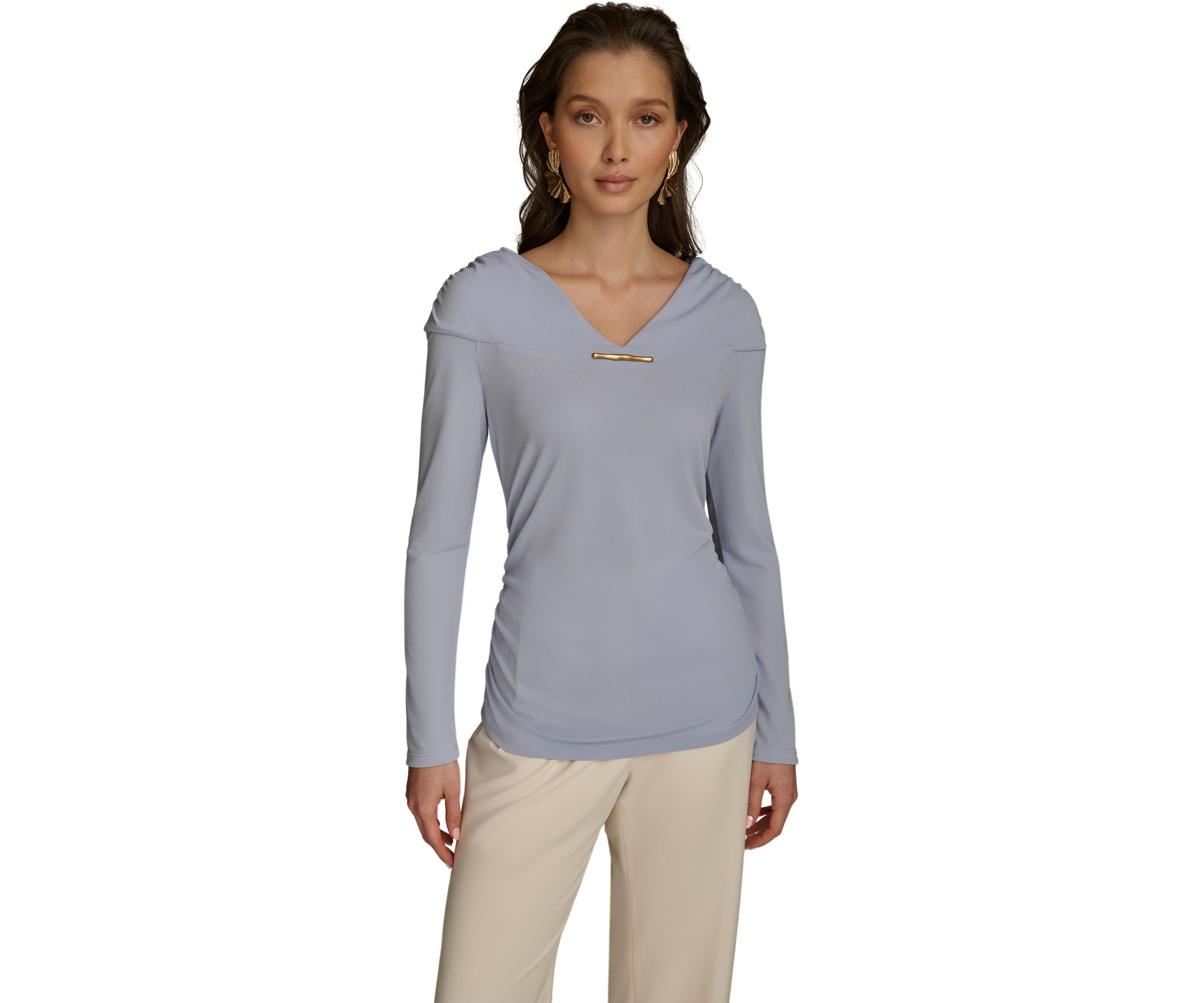 Womens Long Sleeve V-Neck Hardware Knit Top