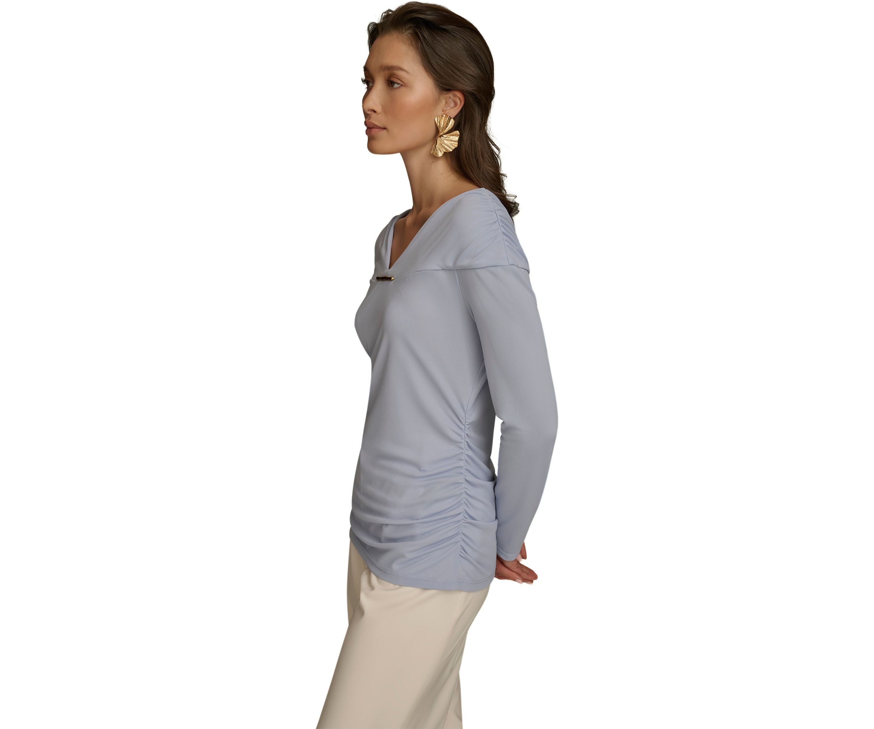 Womens Long Sleeve V-Neck Hardware Knit Top