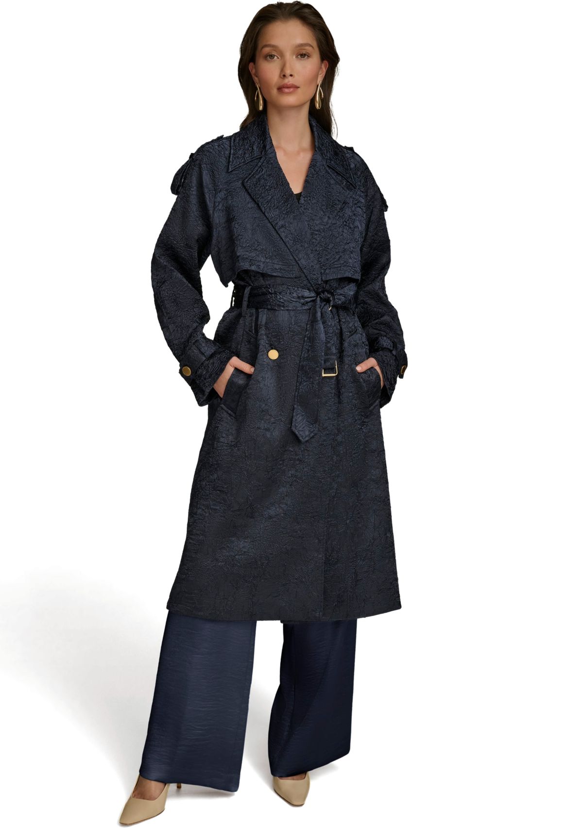 Womens Crinkled Belted Trench Coat