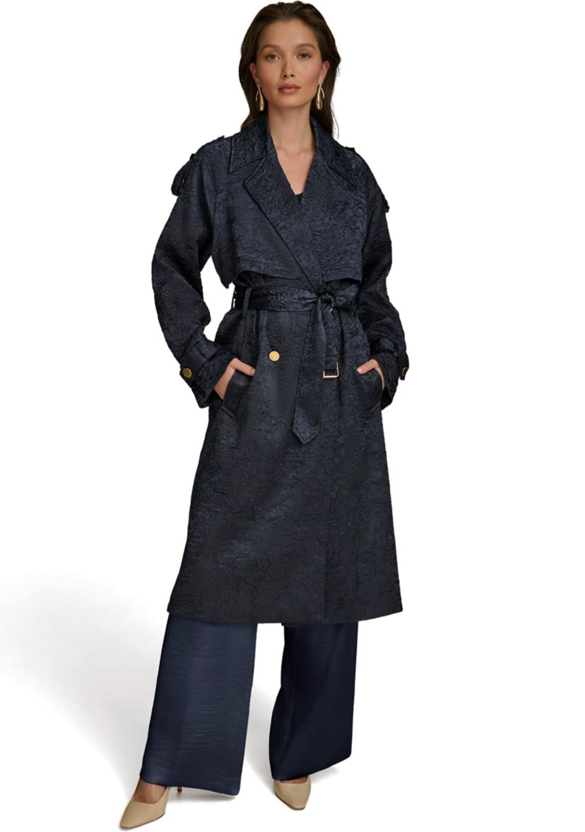 Womens Crinkled Belted Trench Coat