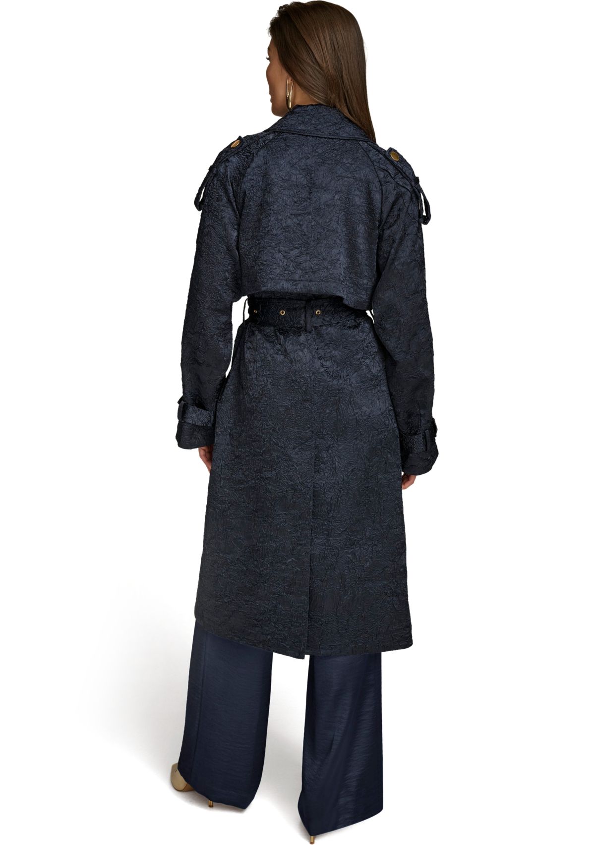 Womens Crinkled Belted Trench Coat