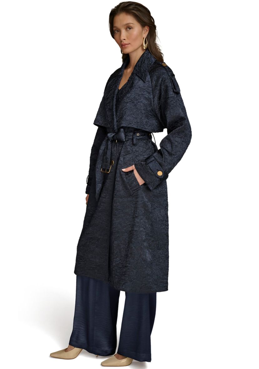 Womens Crinkled Belted Trench Coat