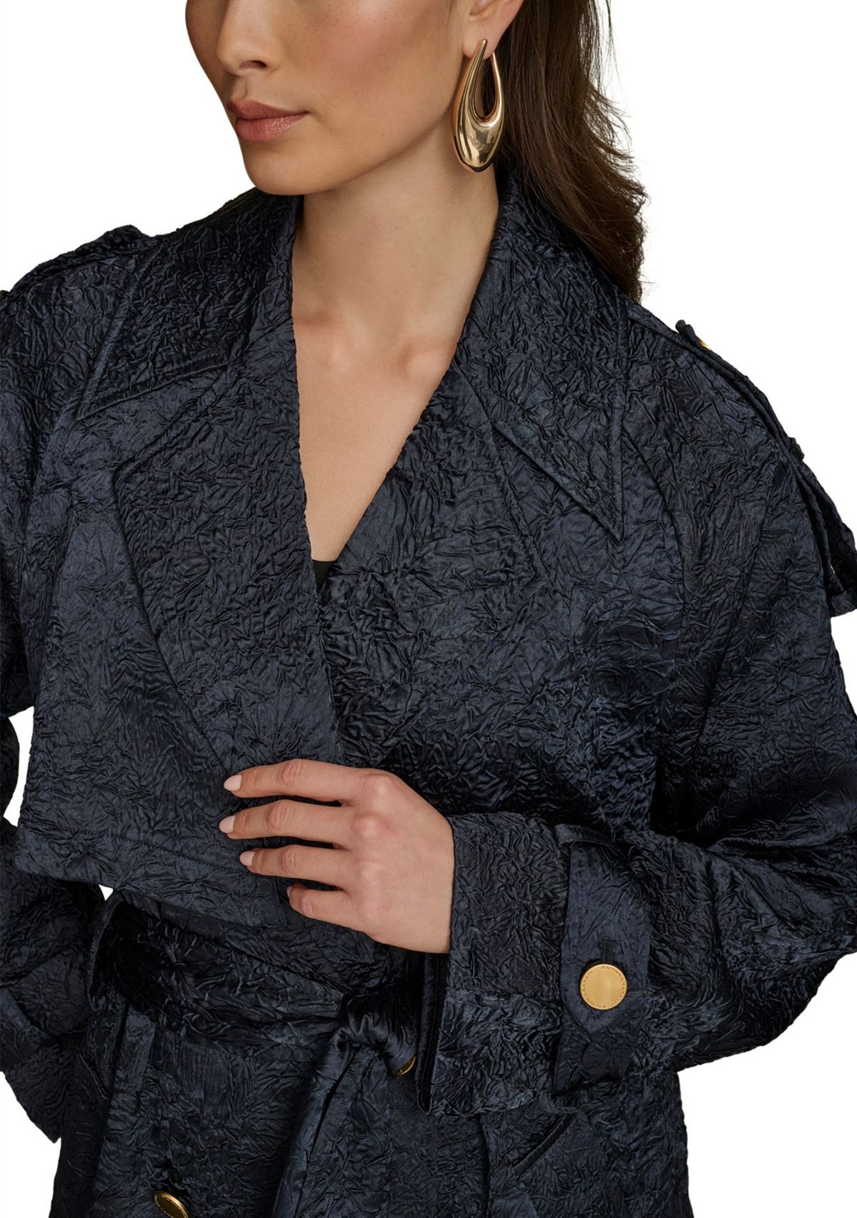 Womens Crinkled Belted Trench Coat