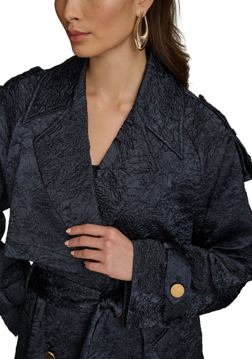Womens Crinkled Belted Trench Coat