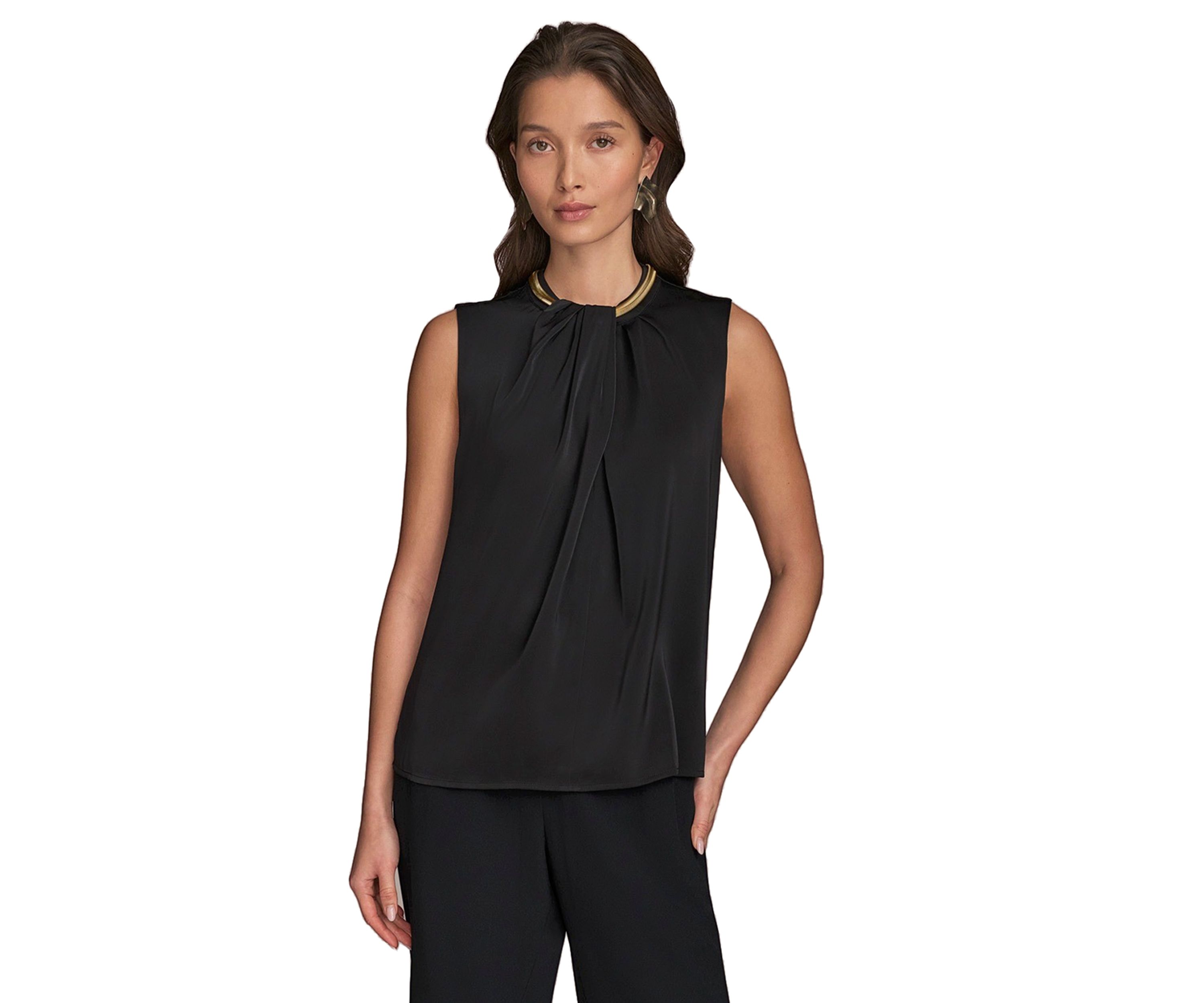 Womens Sleeveless Hardware Mock Neck Blouse
