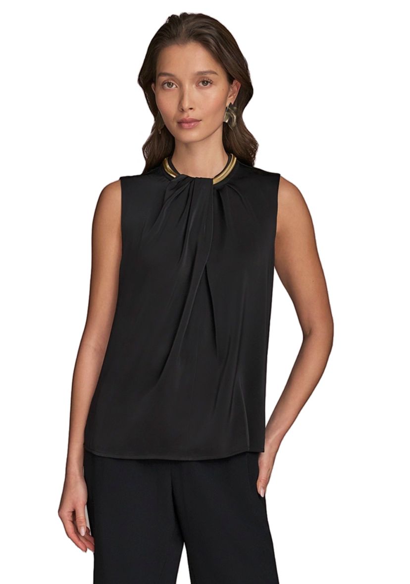 Womens Sleeveless Hardware Mock Neck Blouse