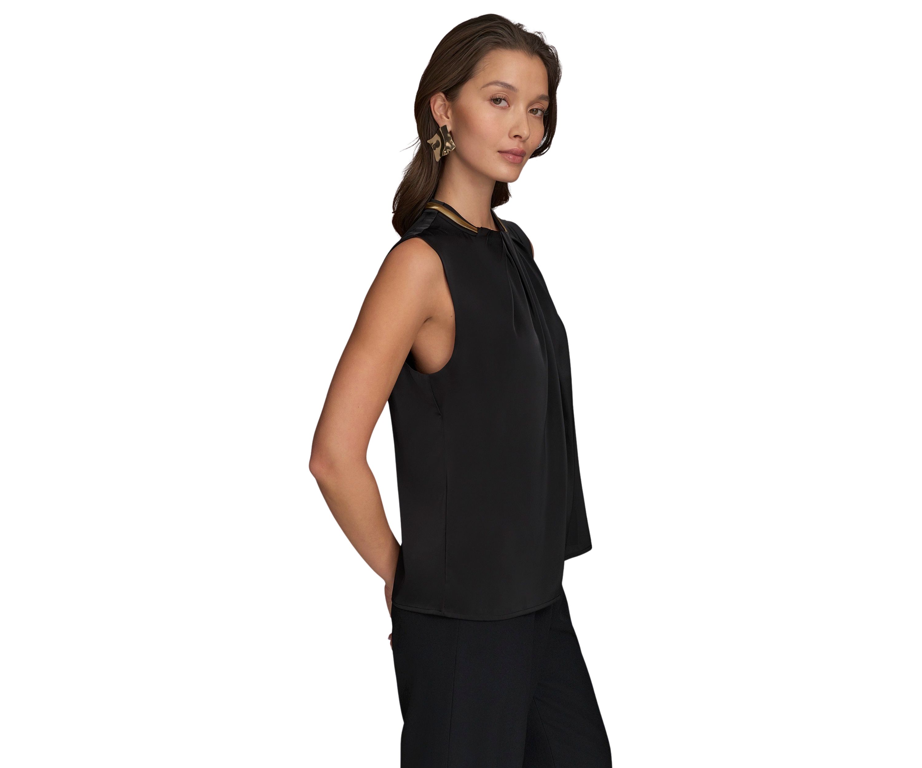 Womens Sleeveless Hardware Mock Neck Blouse