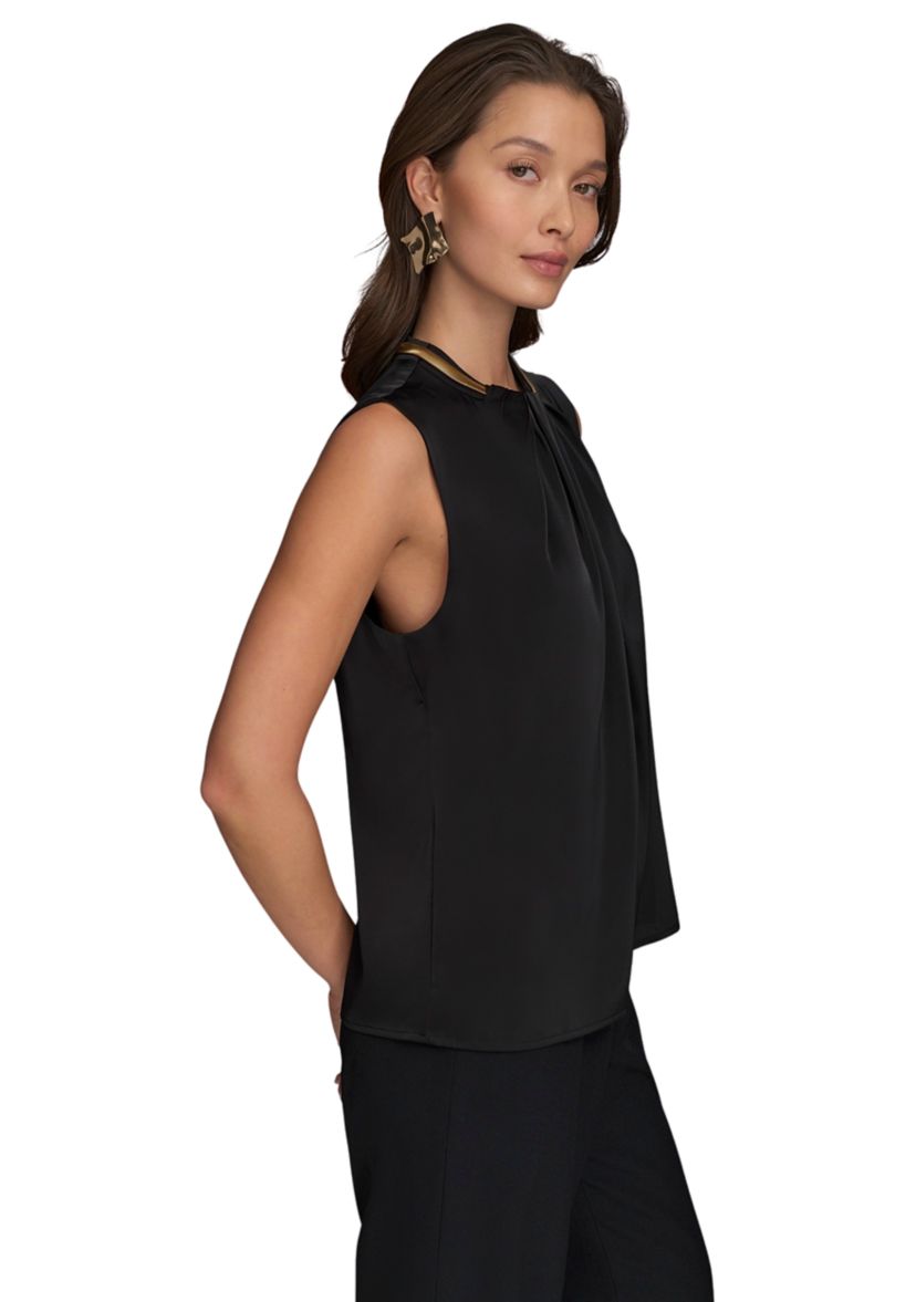 Womens Sleeveless Hardware Mock Neck Blouse