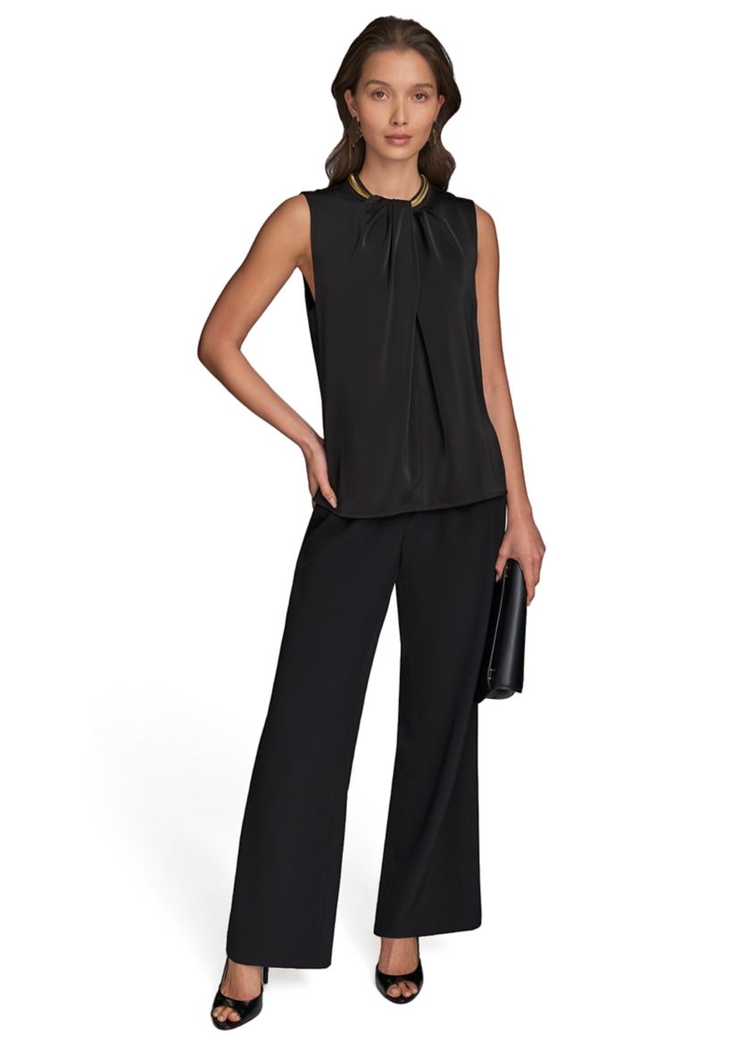 Womens Sleeveless Hardware Mock Neck Blouse