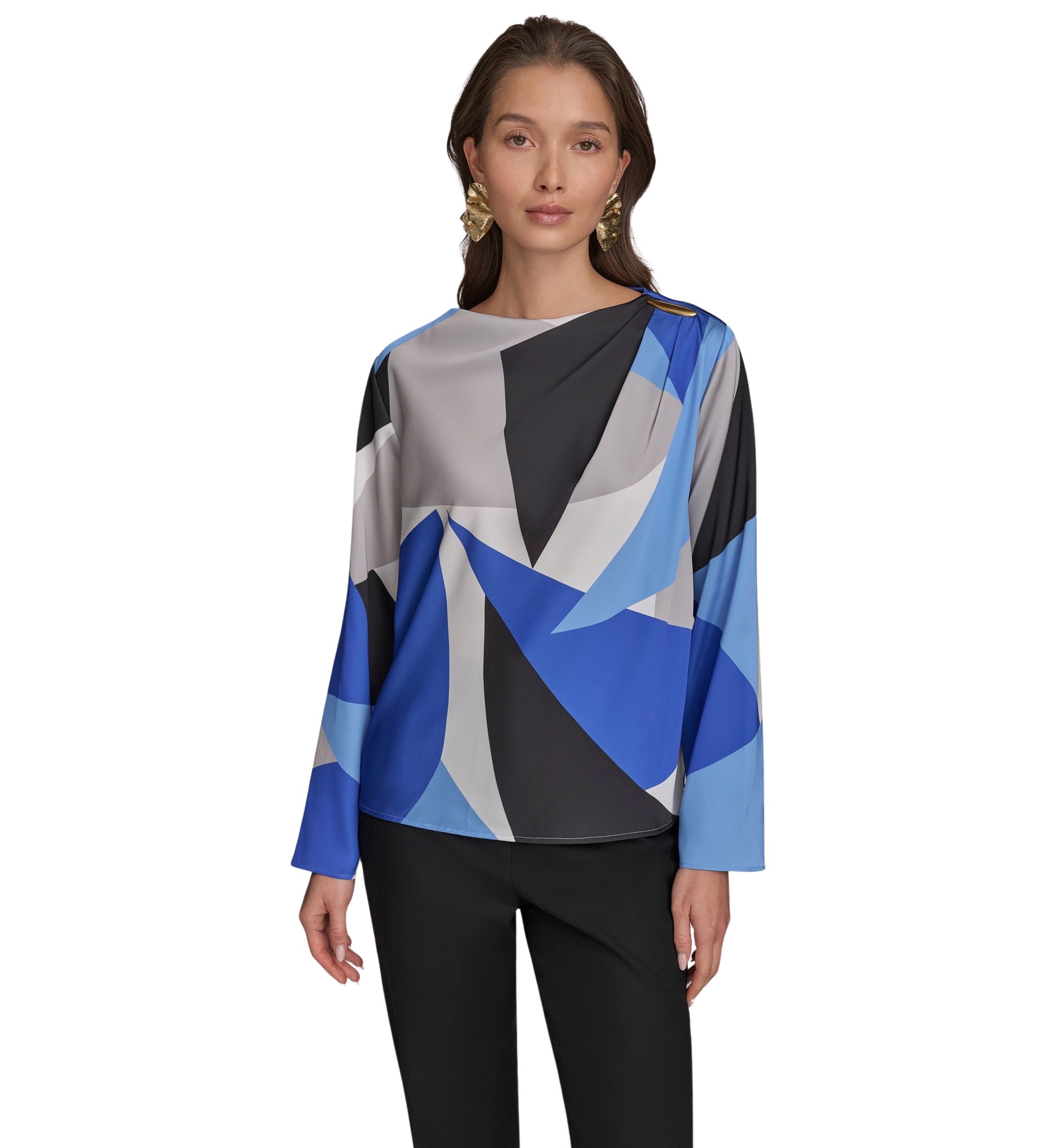 Womens Long Sleeve Hardware Shoulder Color Block Printed Blouse