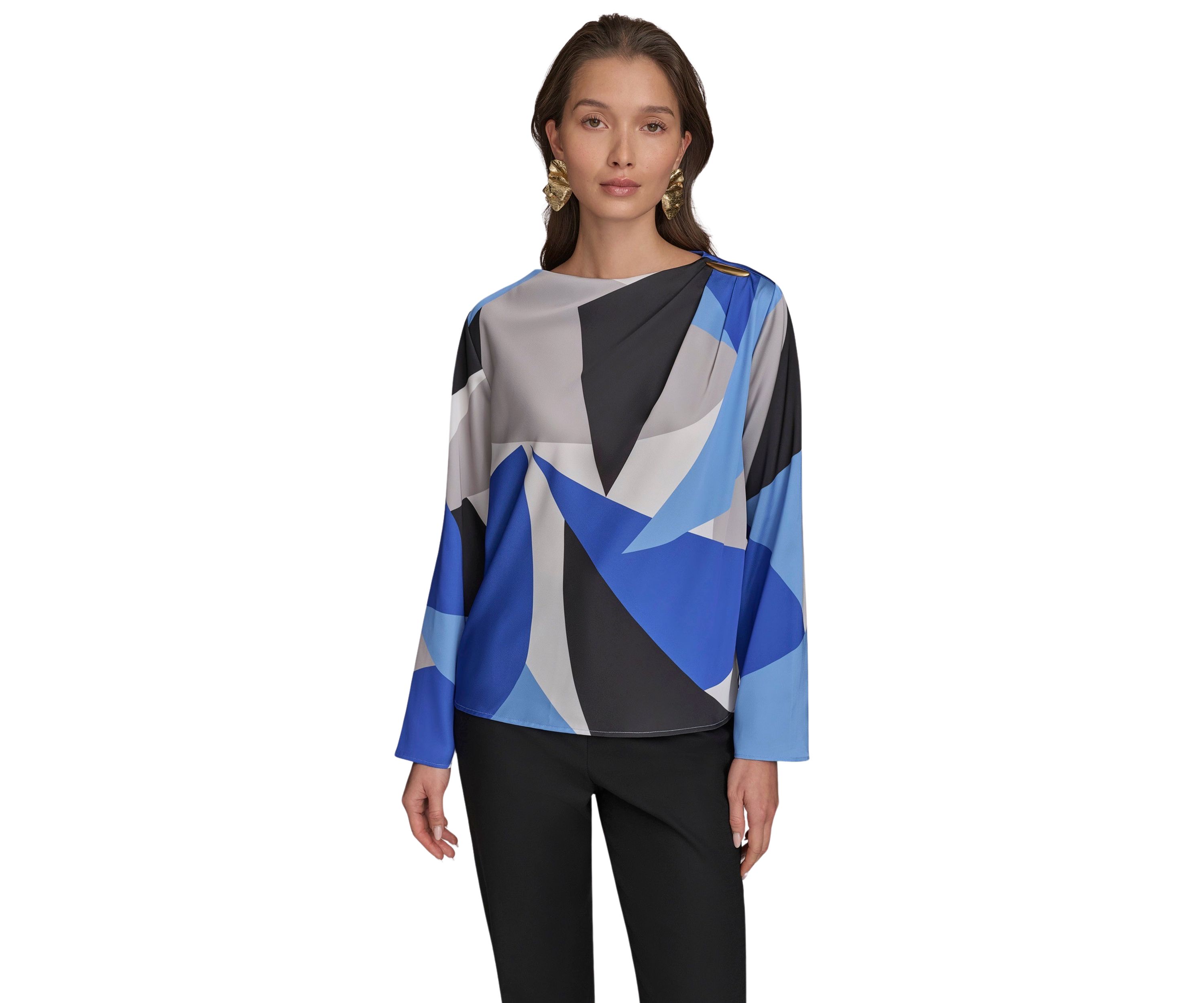 Womens Long Sleeve Hardware Shoulder Color Block Printed Blouse