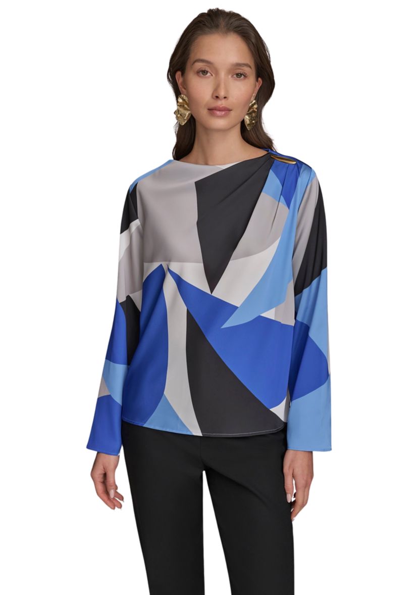 Womens Long Sleeve Hardware Shoulder Color Block Printed Blouse