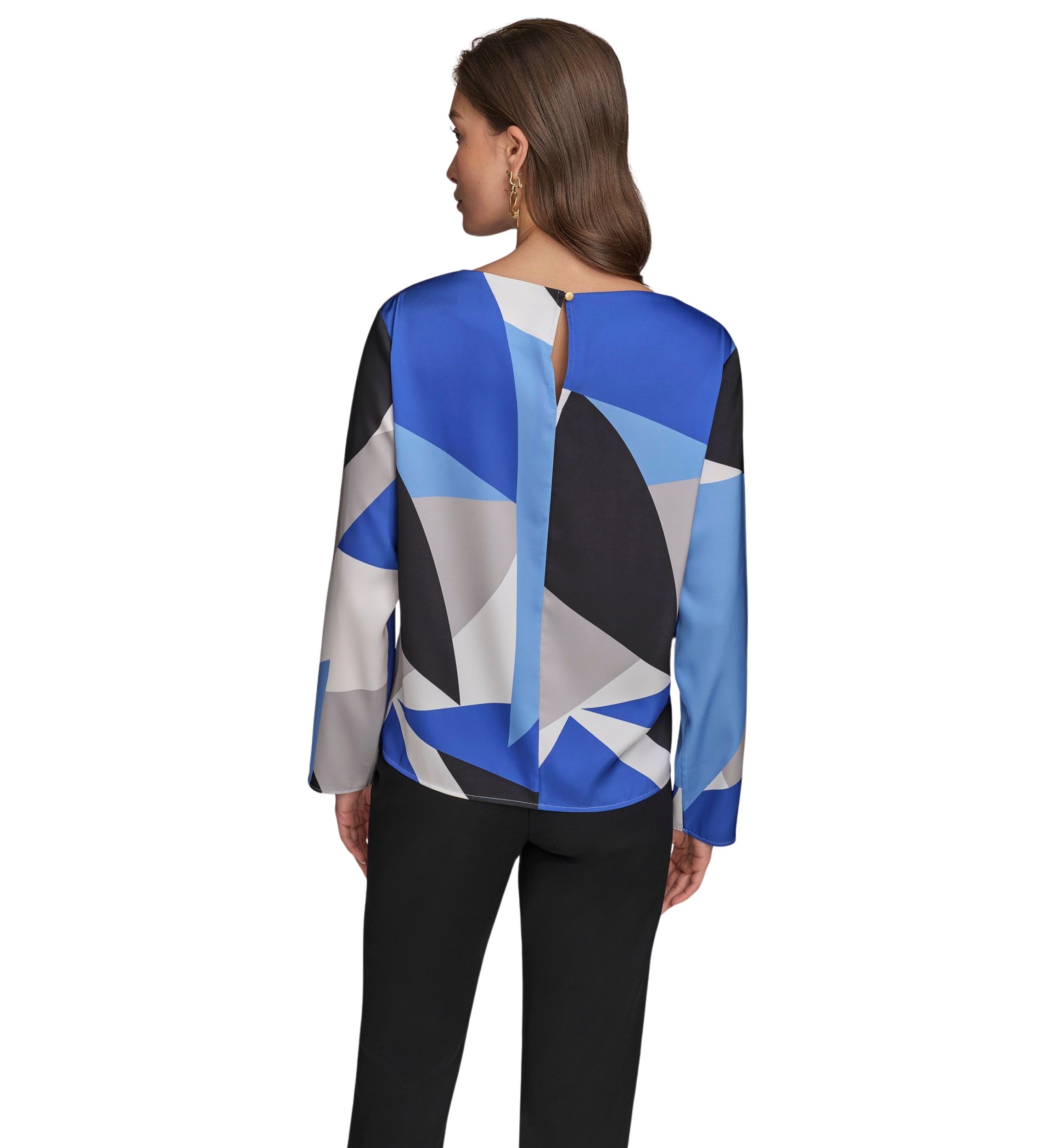Womens Long Sleeve Hardware Shoulder Color Block Printed Blouse