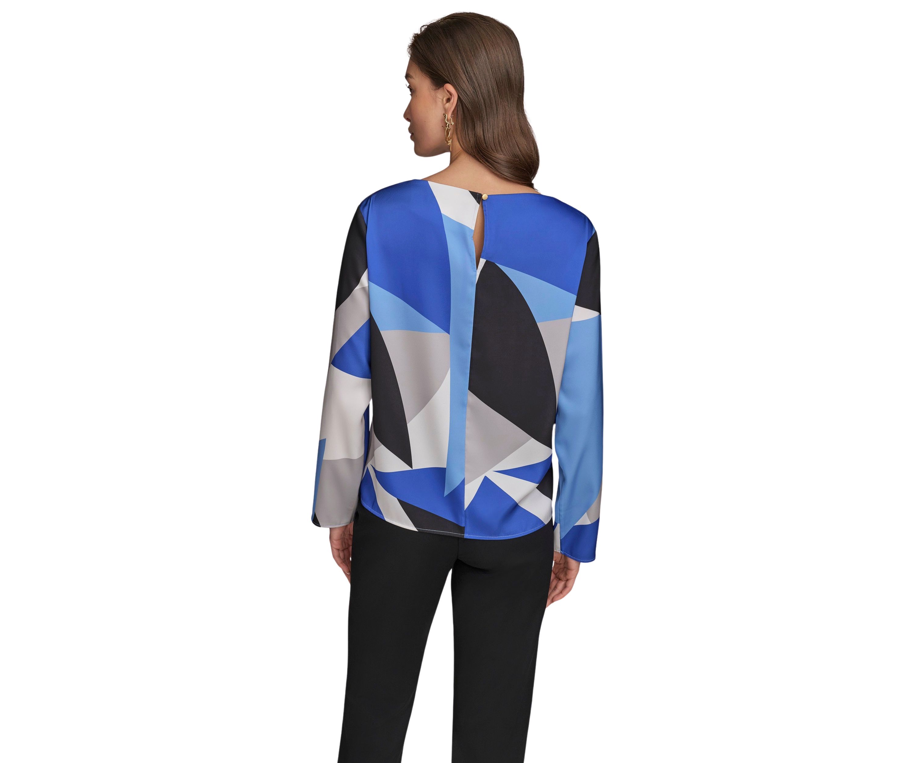 Womens Long Sleeve Hardware Shoulder Color Block Printed Blouse