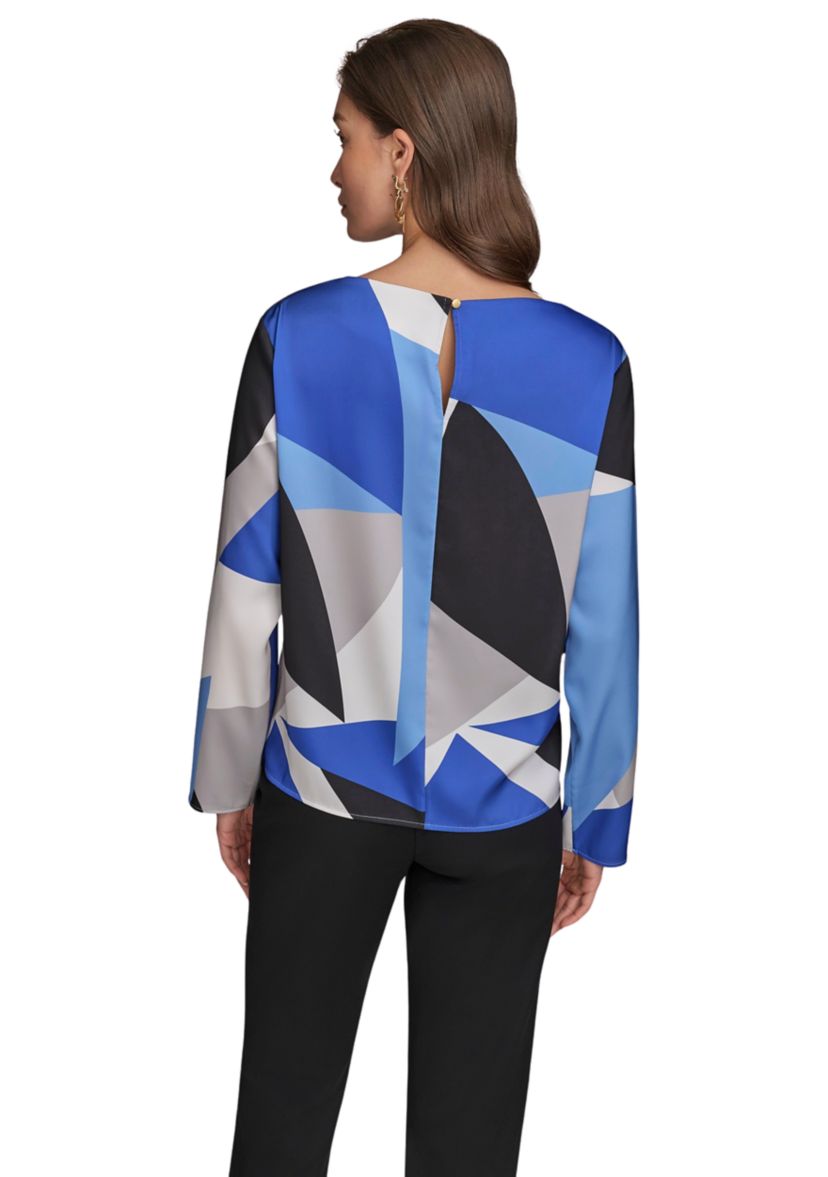 Womens Long Sleeve Hardware Shoulder Color Block Printed Blouse
