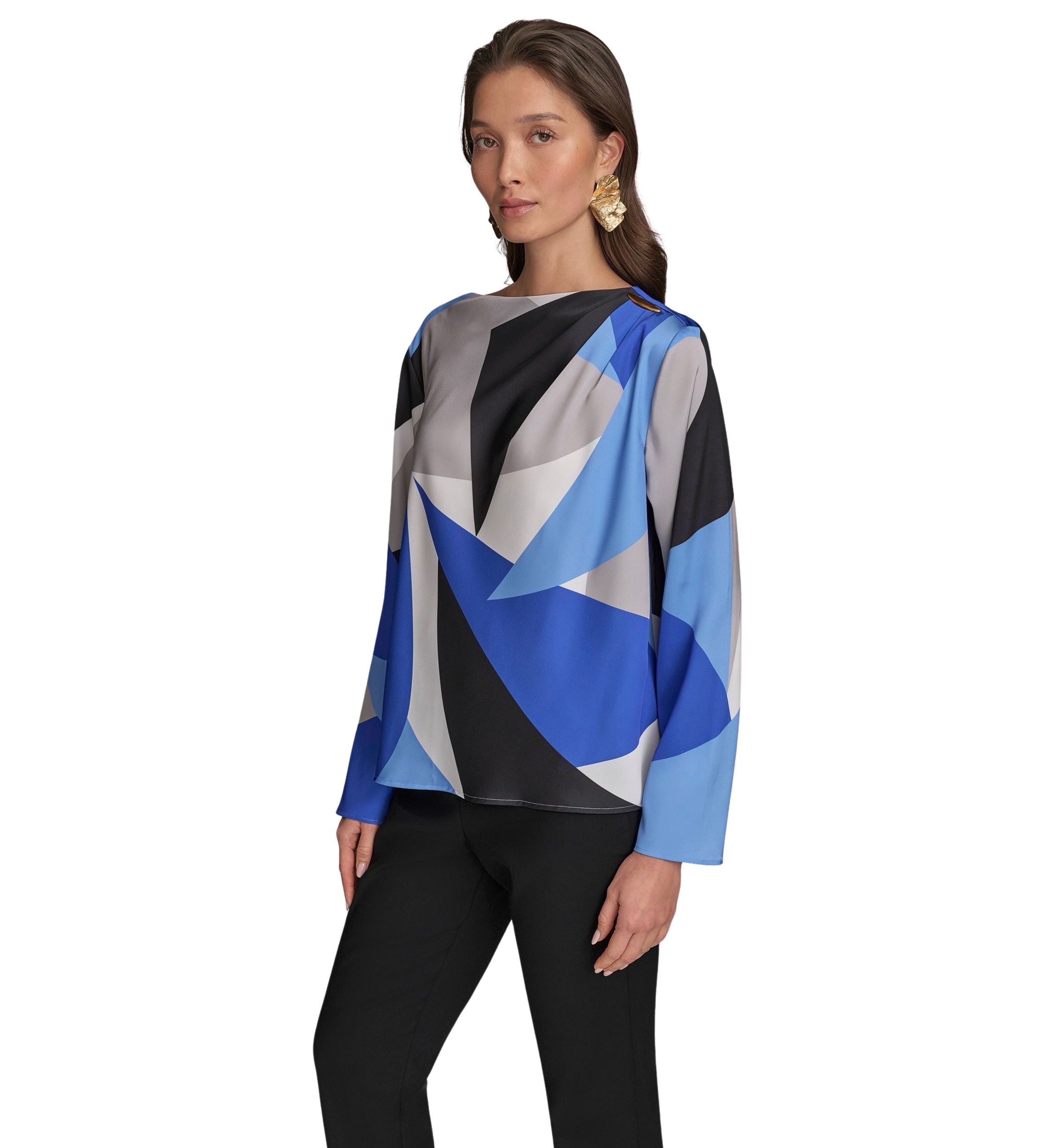Womens Long Sleeve Hardware Shoulder Color Block Printed Blouse