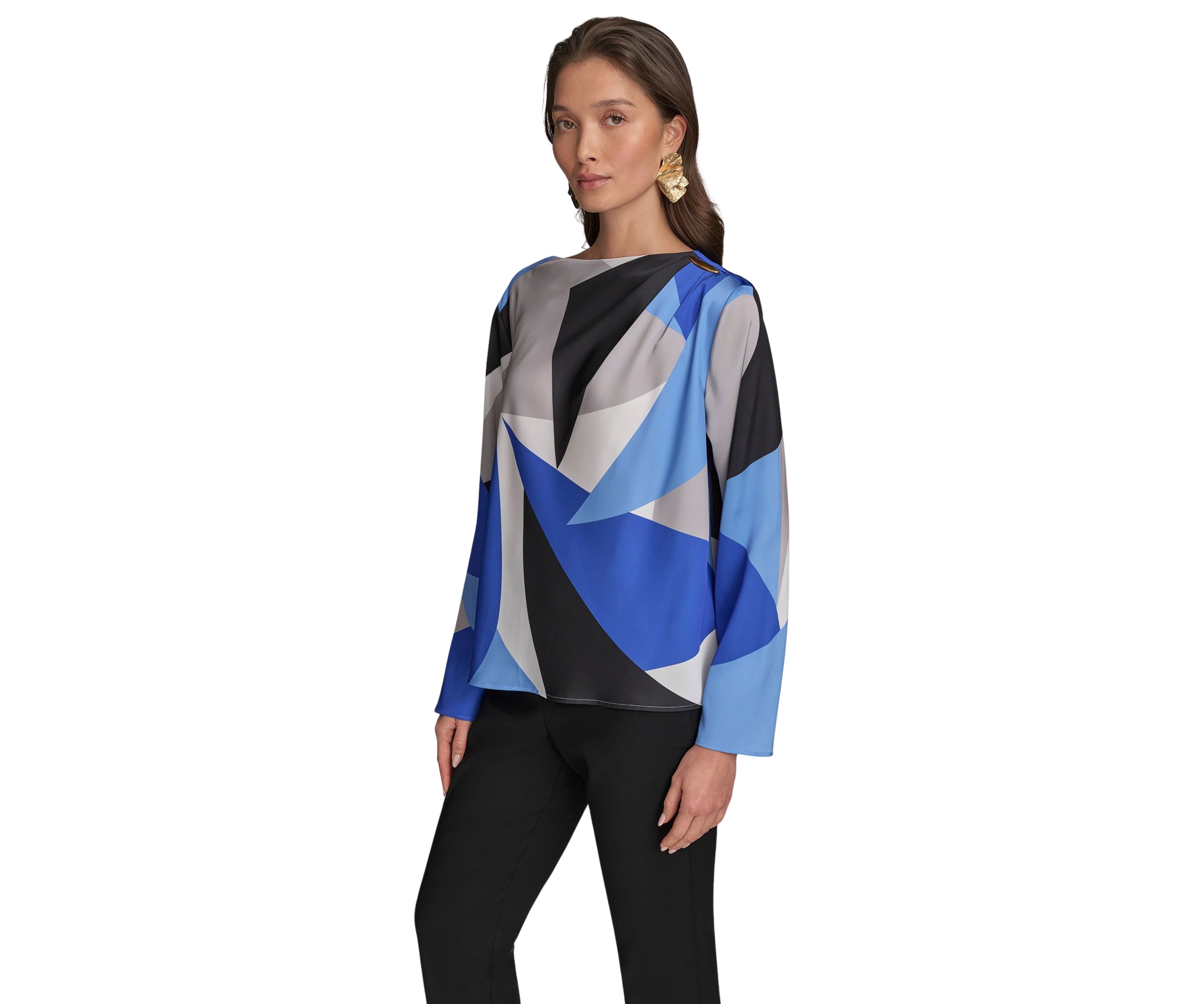 Womens Long Sleeve Hardware Shoulder Color Block Printed Blouse
