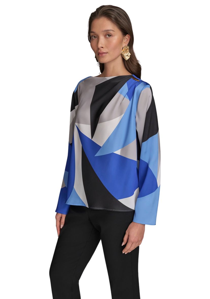 Womens Long Sleeve Hardware Shoulder Color Block Printed Blouse