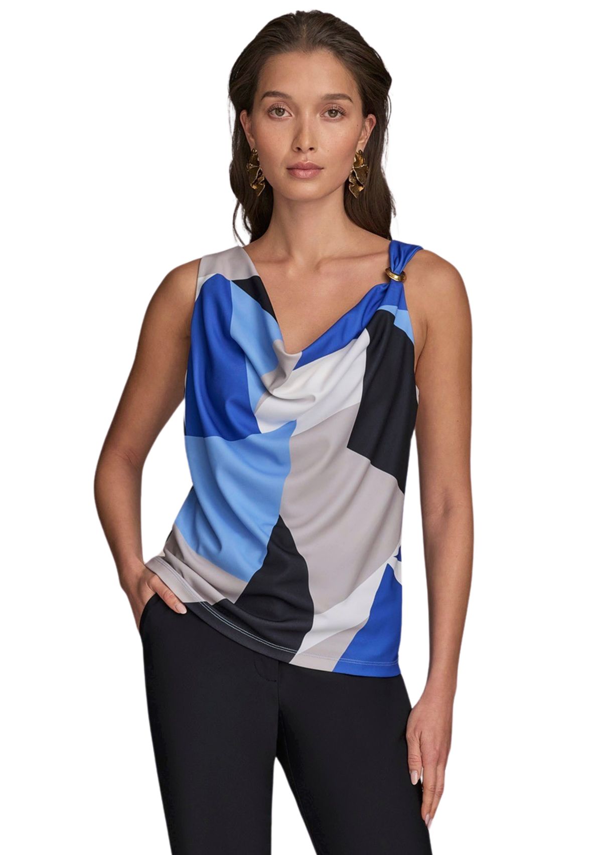 Womens Sleeveless Cowl Neck Color Block Print Blouse