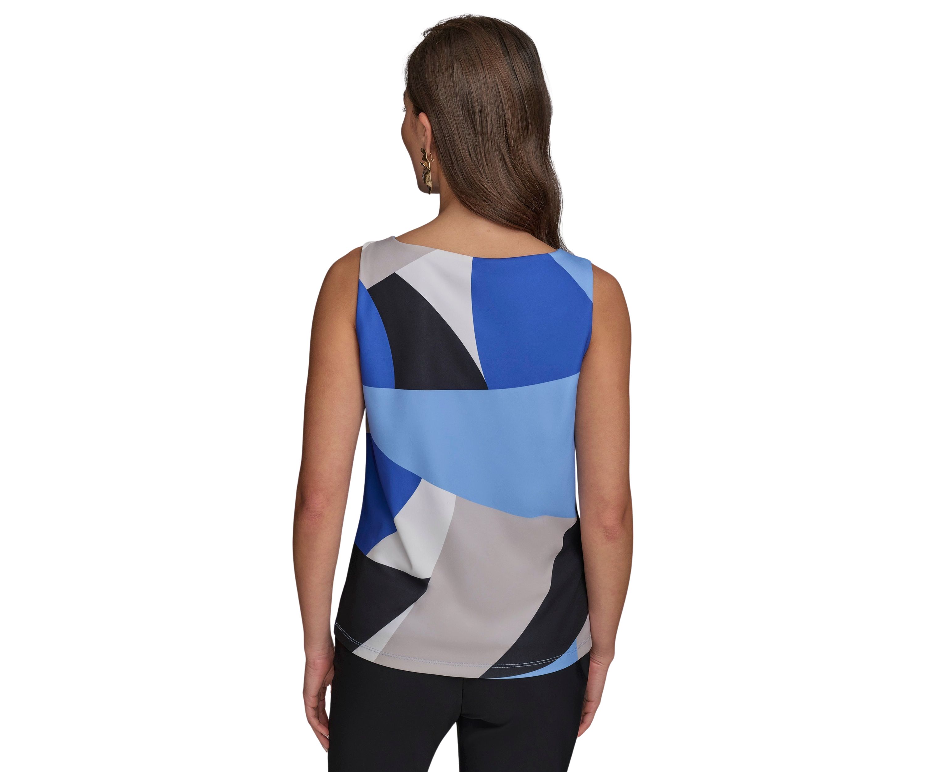 Womens Sleeveless Cowl Neck Color Block Print Blouse