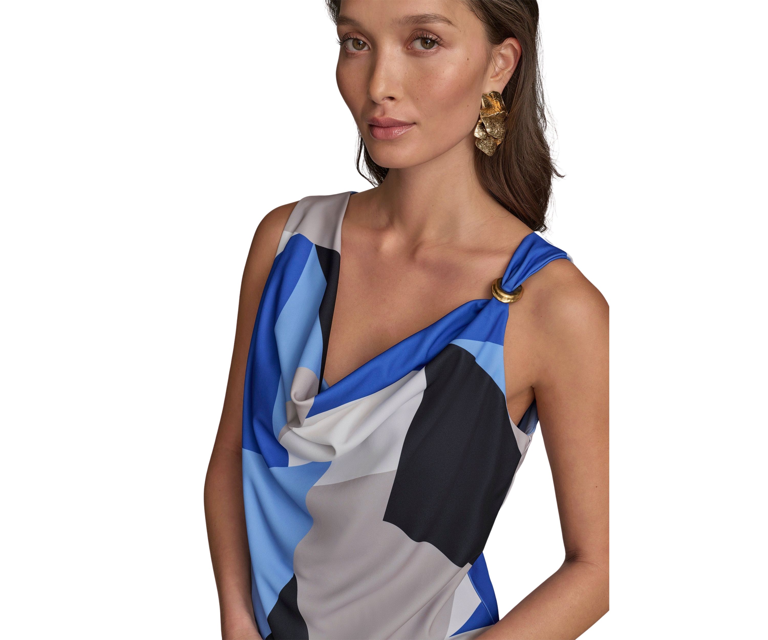 Womens Sleeveless Cowl Neck Color Block Print Blouse