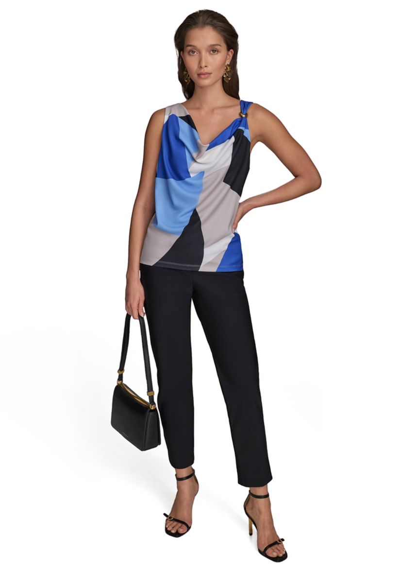 Womens Sleeveless Cowl Neck Color Block Print Blouse