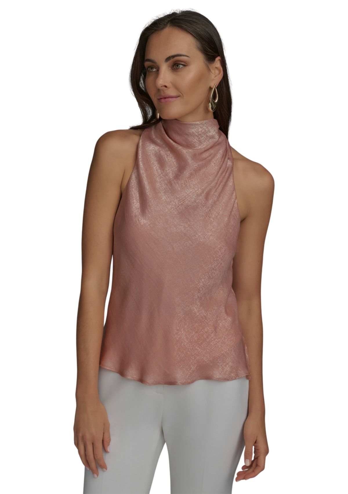 Womens Sleeveless Metallic Asymmetrical Funnel Neck Blouse