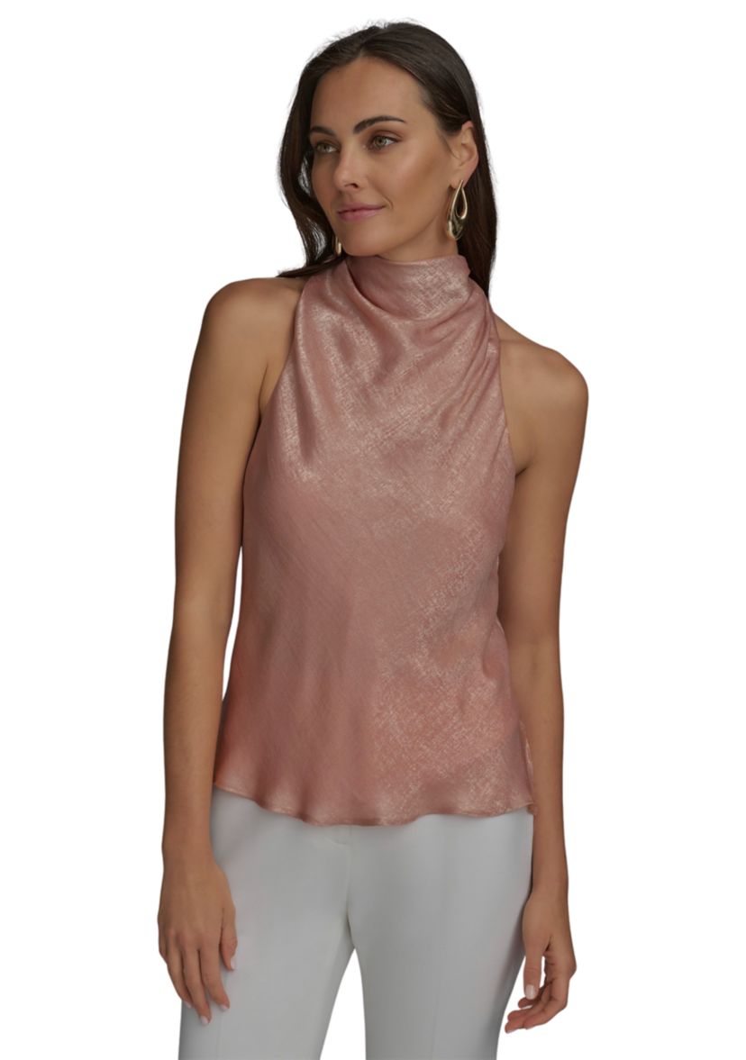 Womens Sleeveless Metallic Asymmetrical Funnel Neck Blouse