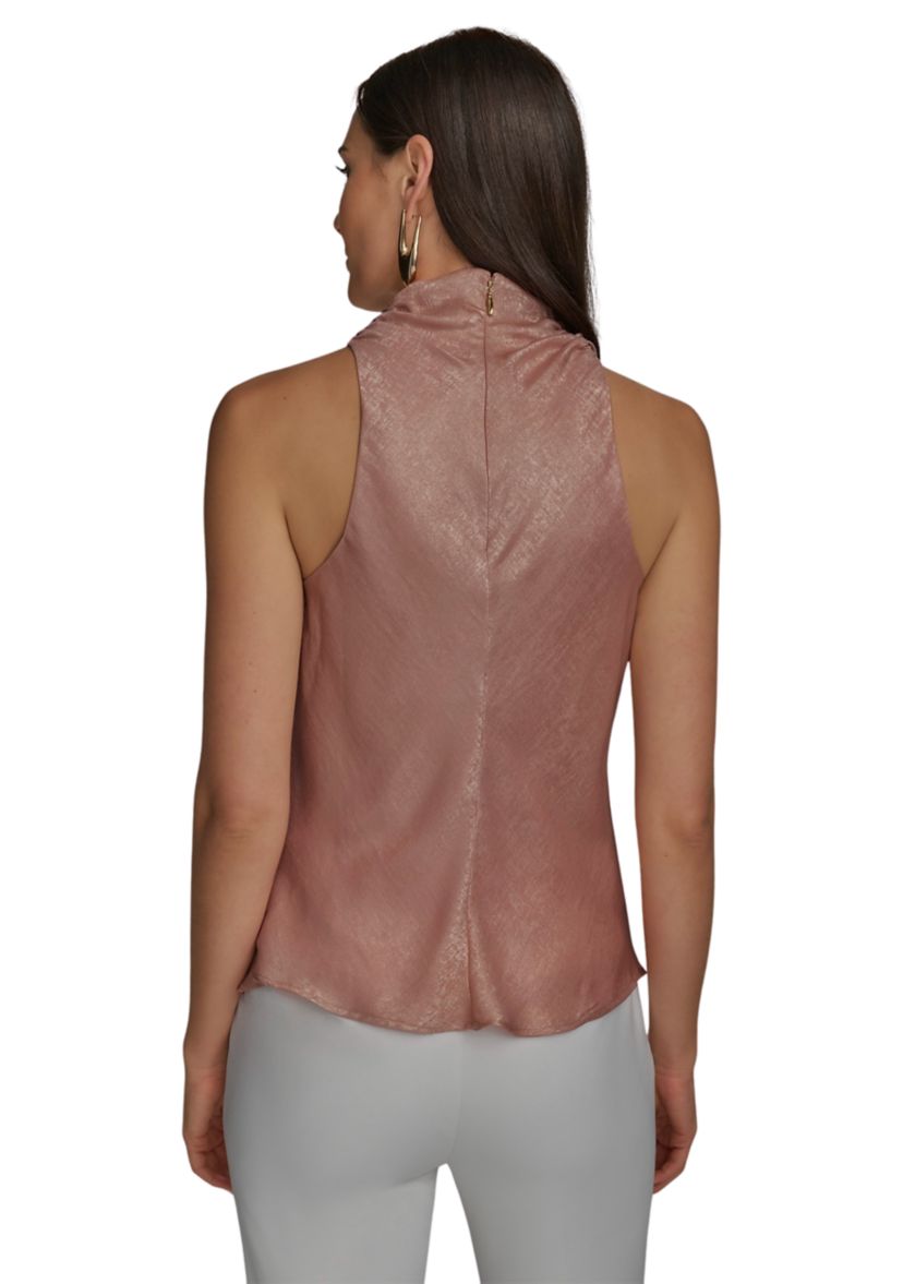 Womens Sleeveless Metallic Asymmetrical Funnel Neck Blouse