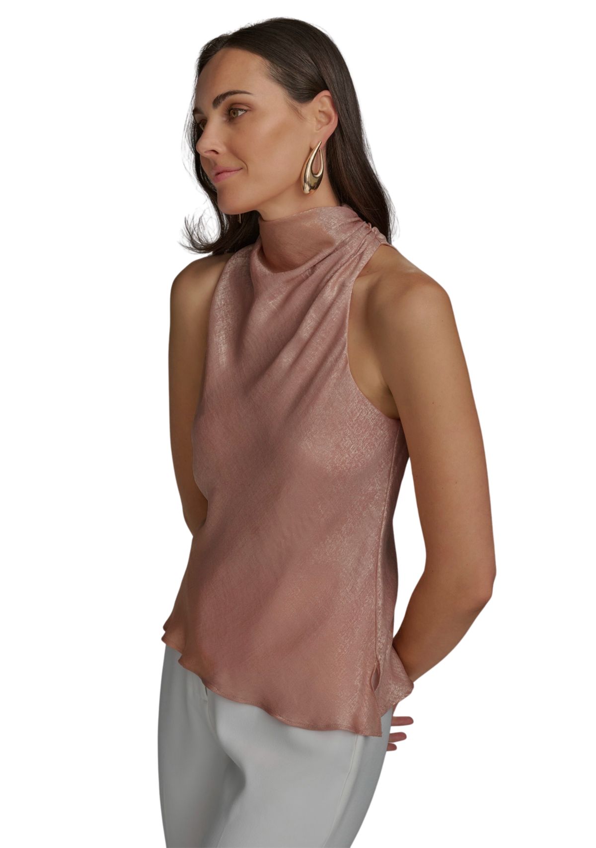 Womens Sleeveless Metallic Asymmetrical Funnel Neck Blouse
