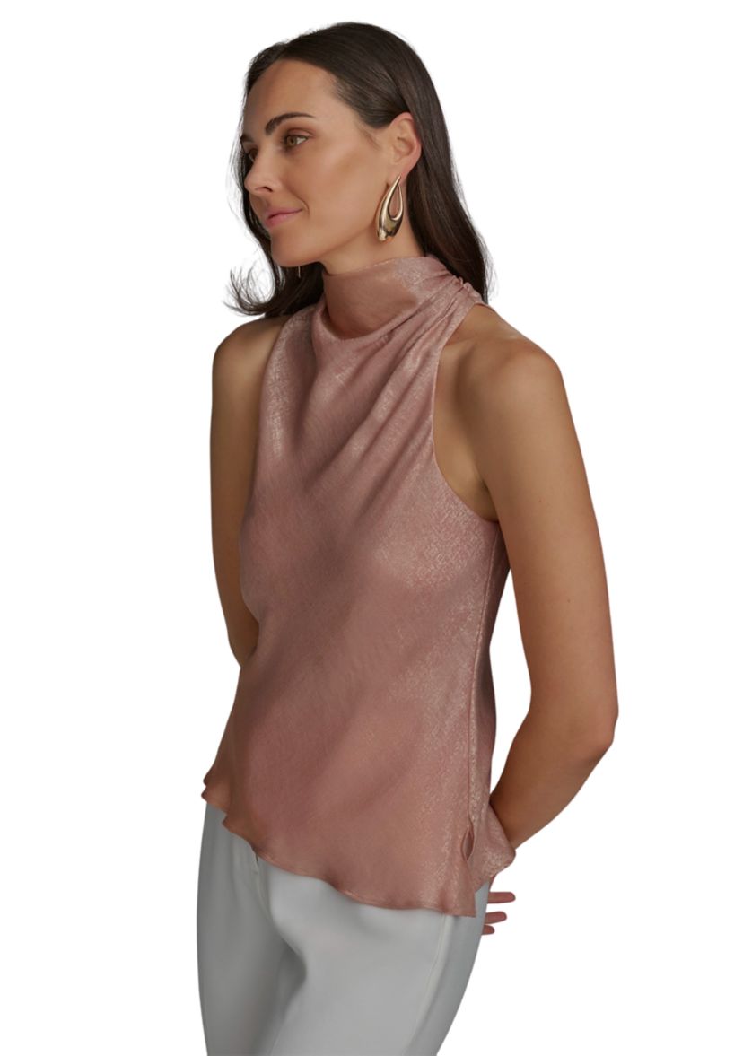 Womens Sleeveless Metallic Asymmetrical Funnel Neck Blouse