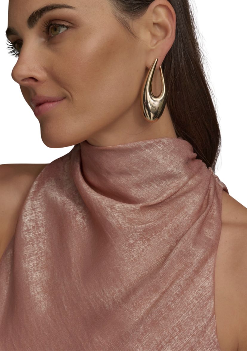 Womens Sleeveless Metallic Asymmetrical Funnel Neck Blouse