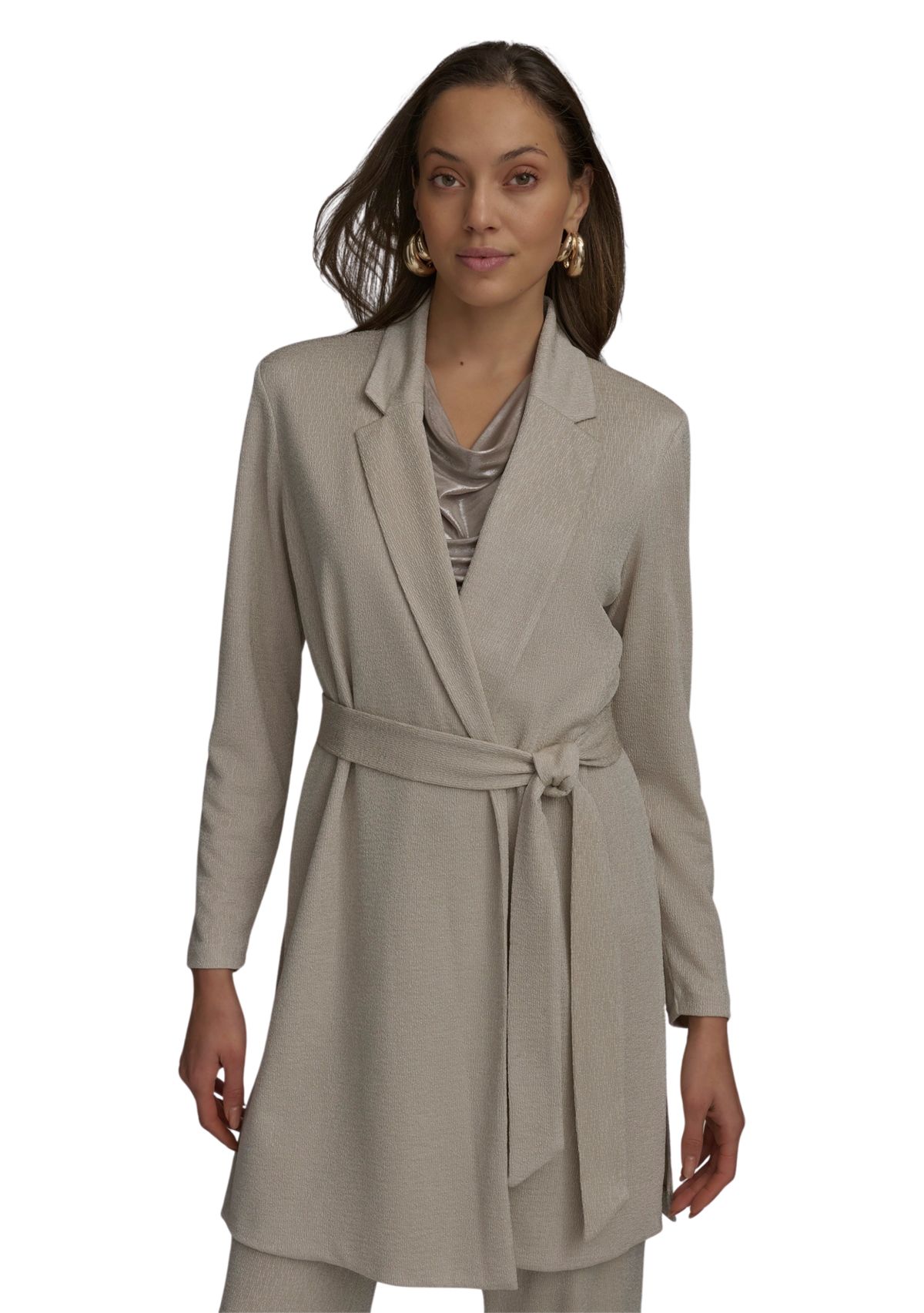 Womens Long Sleeve Notch Collar Tie Waist Cardigan