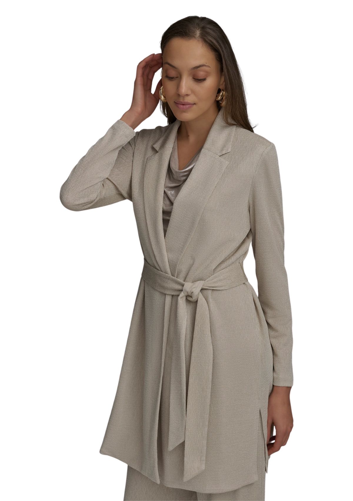 Womens Long Sleeve Notch Collar Tie Waist Cardigan