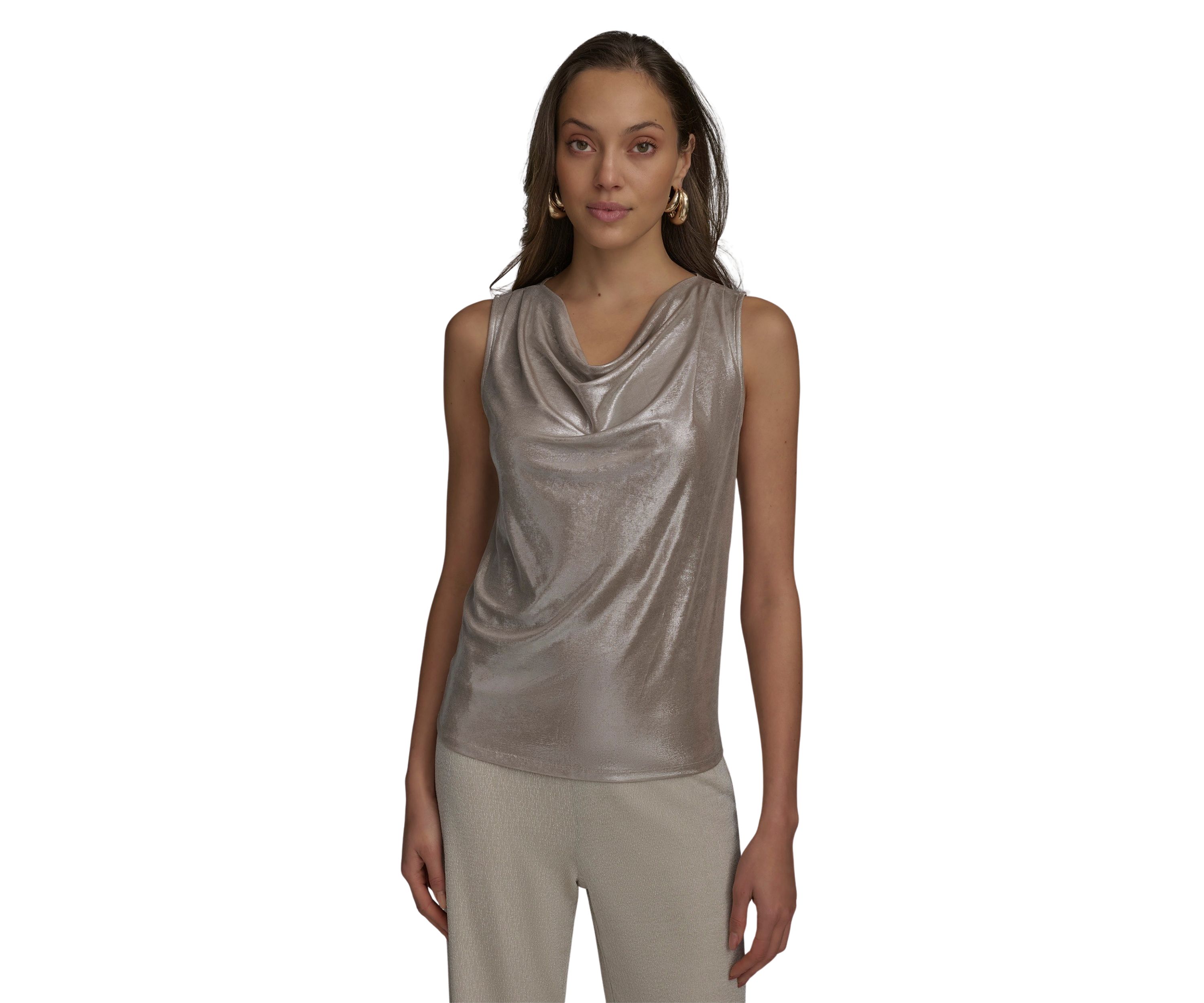 Womens Sleeveless Foil Cowl Neck Blouse