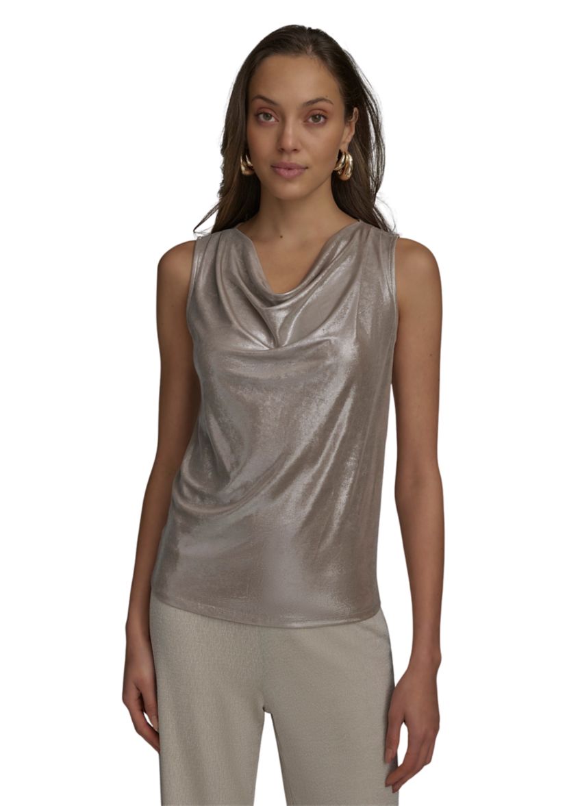 Womens Sleeveless Foil Cowl Neck Blouse