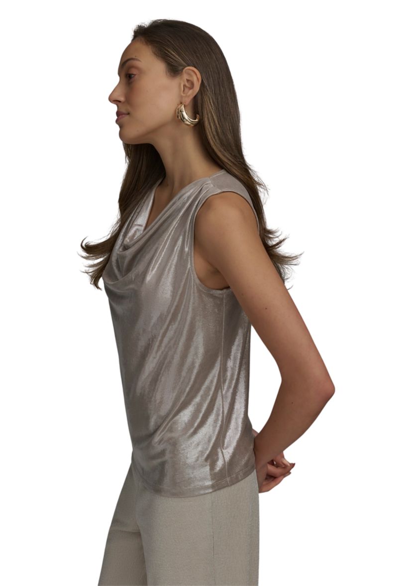 Womens Sleeveless Foil Cowl Neck Blouse