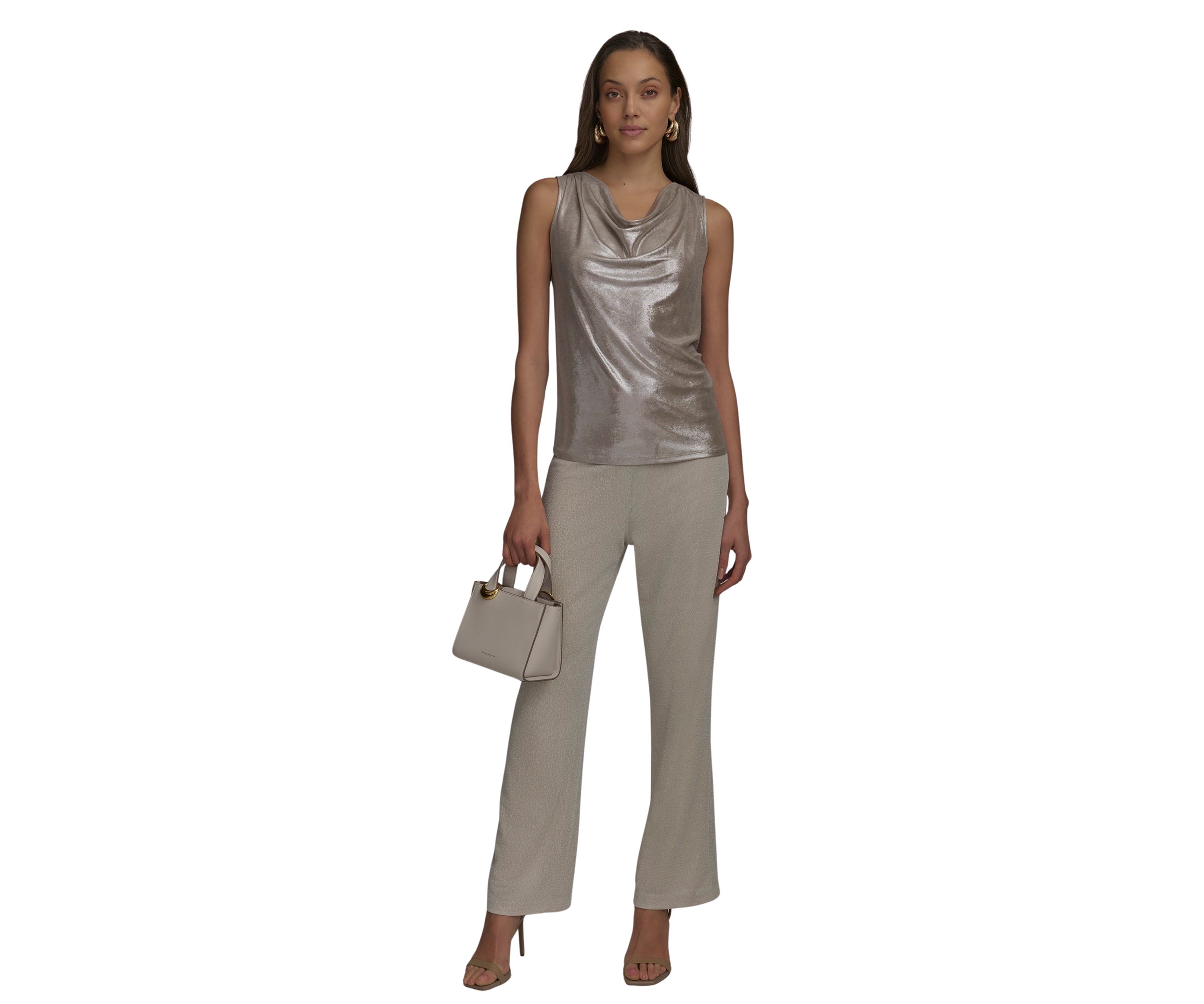 Womens Sleeveless Foil Cowl Neck Blouse