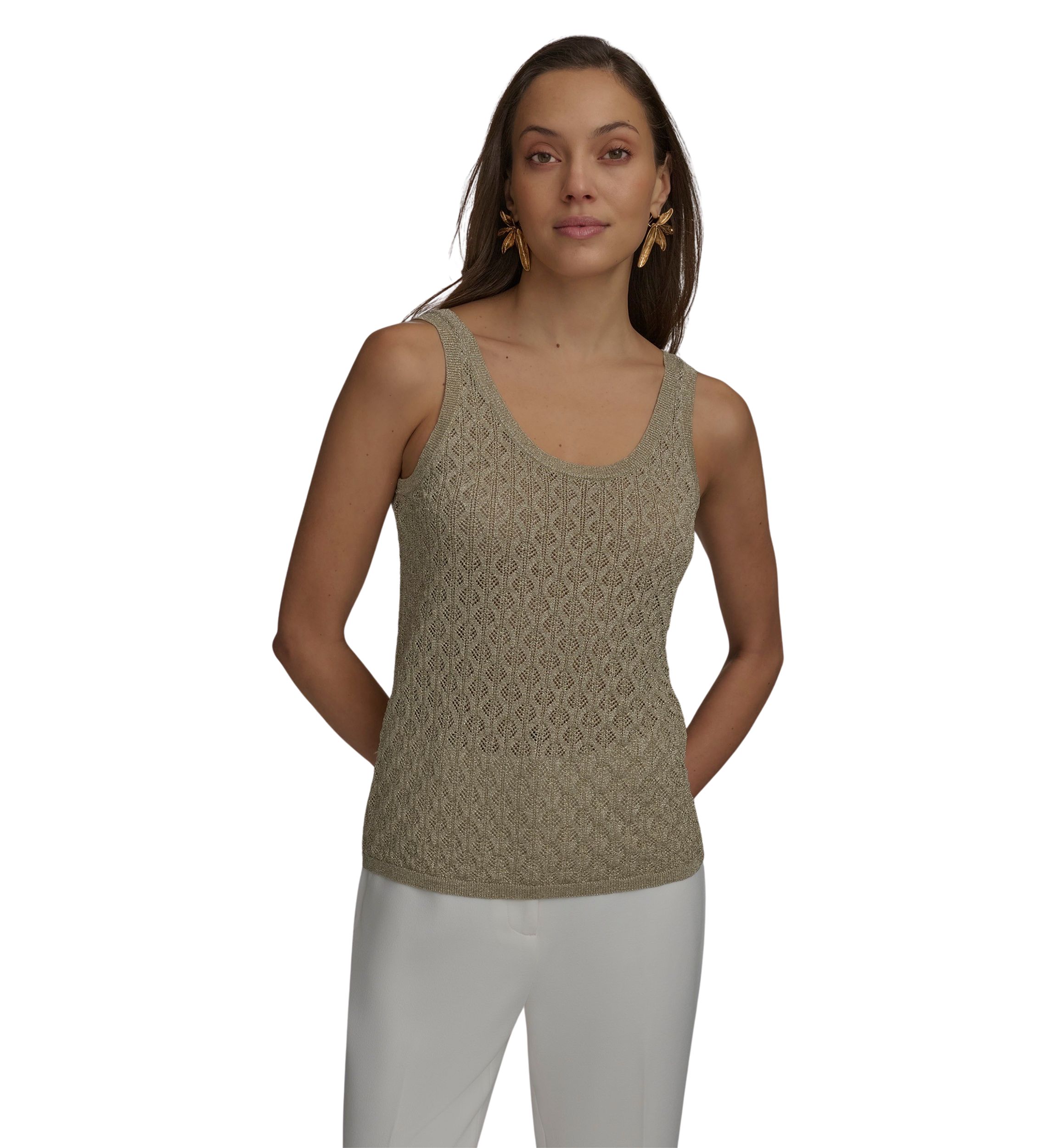 Womens Sleeveless Textured Metallic Sweater Tank Top