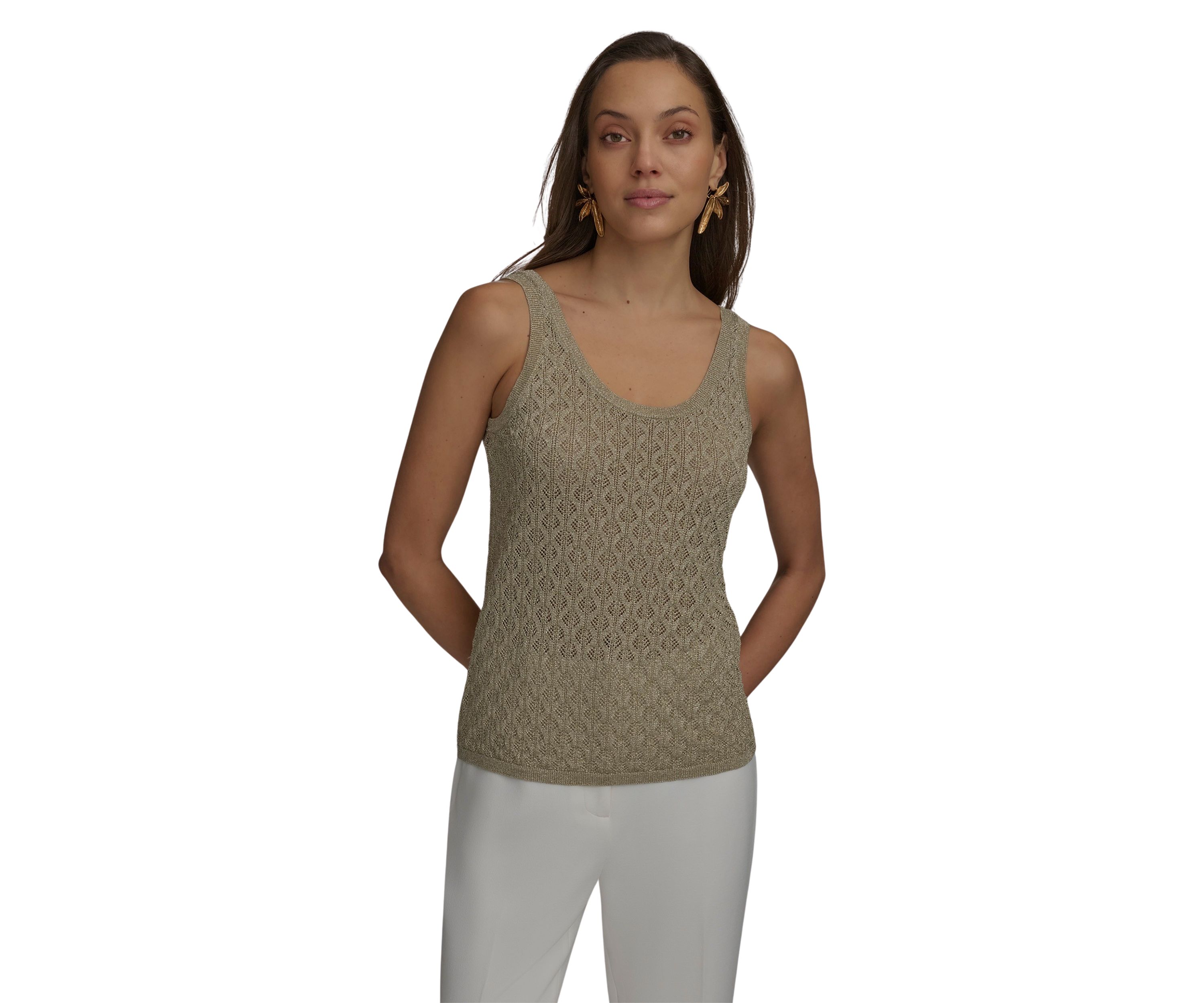 Womens Sleeveless Textured Metallic Sweater Tank Top