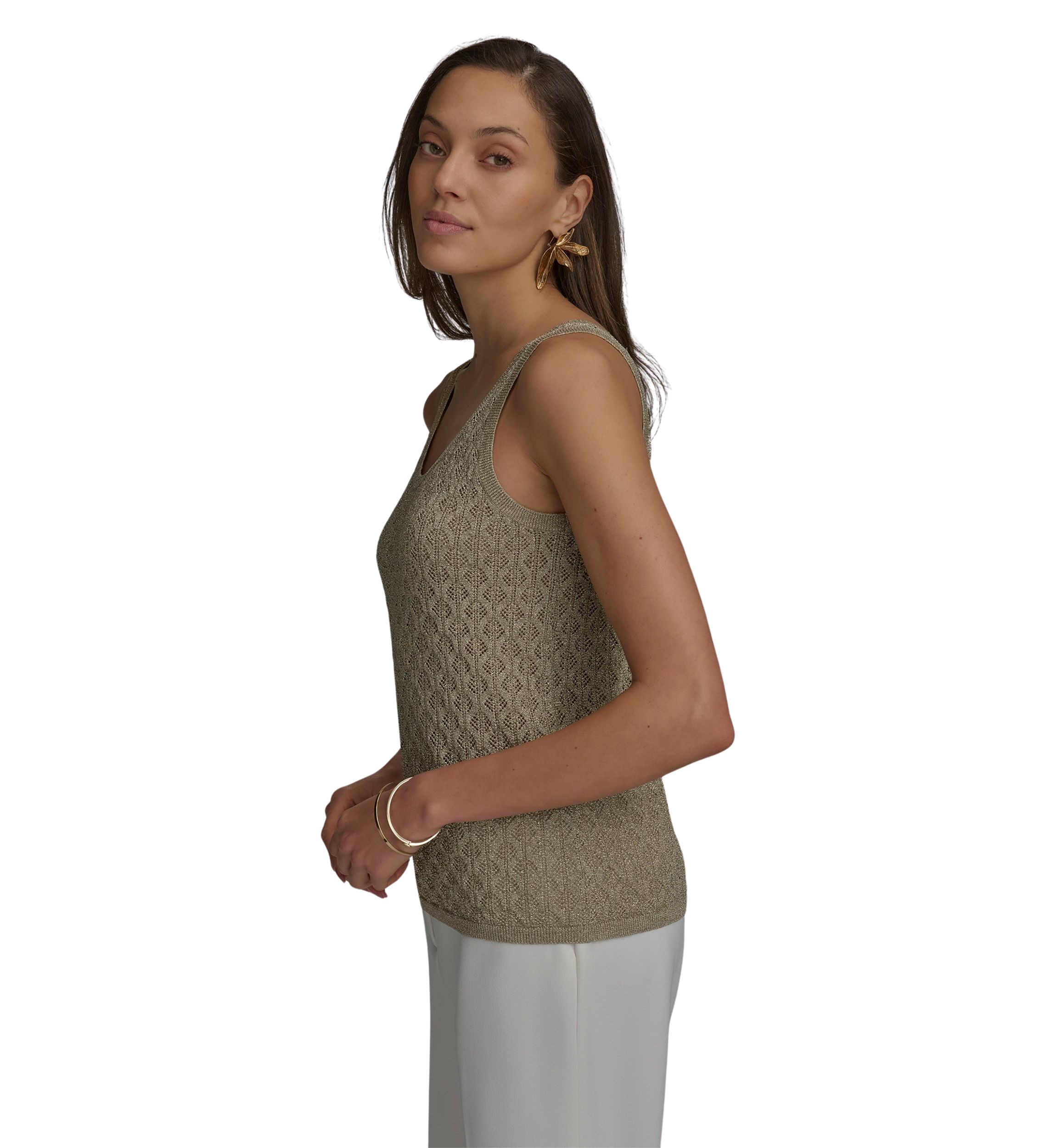 Womens Sleeveless Textured Metallic Sweater Tank Top
