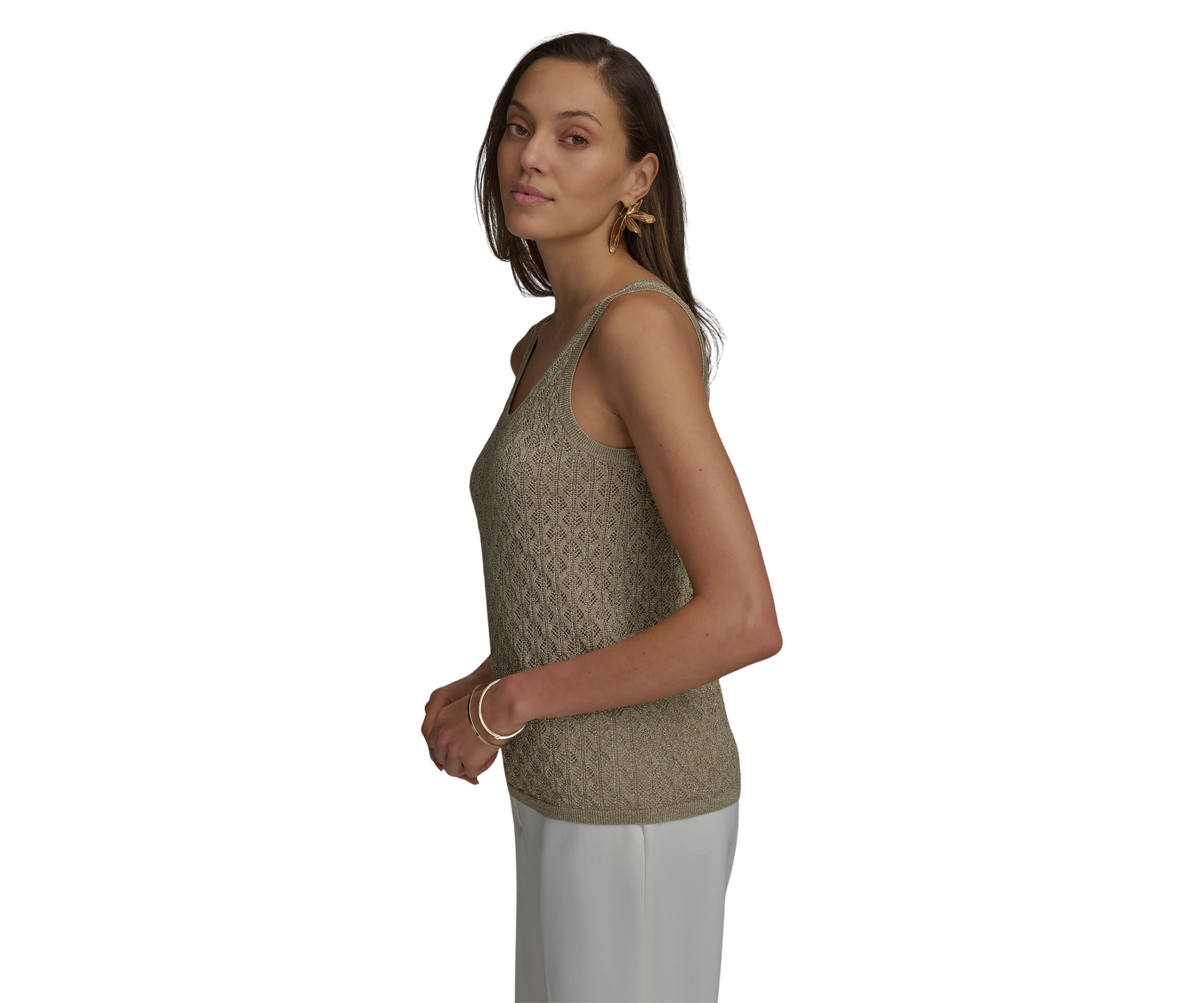 Womens Sleeveless Textured Metallic Sweater Tank Top