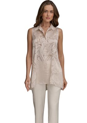 Donna Karan New York Women's Sleeveless Burnout Collared Tank Top, Sand, XS